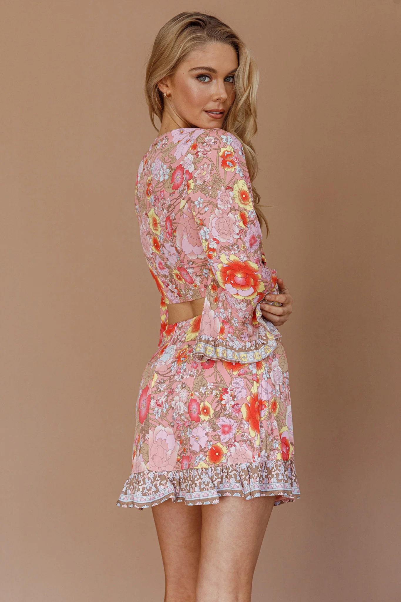 Island Girl Long Sleeve Tied Crop Top Floral Pink