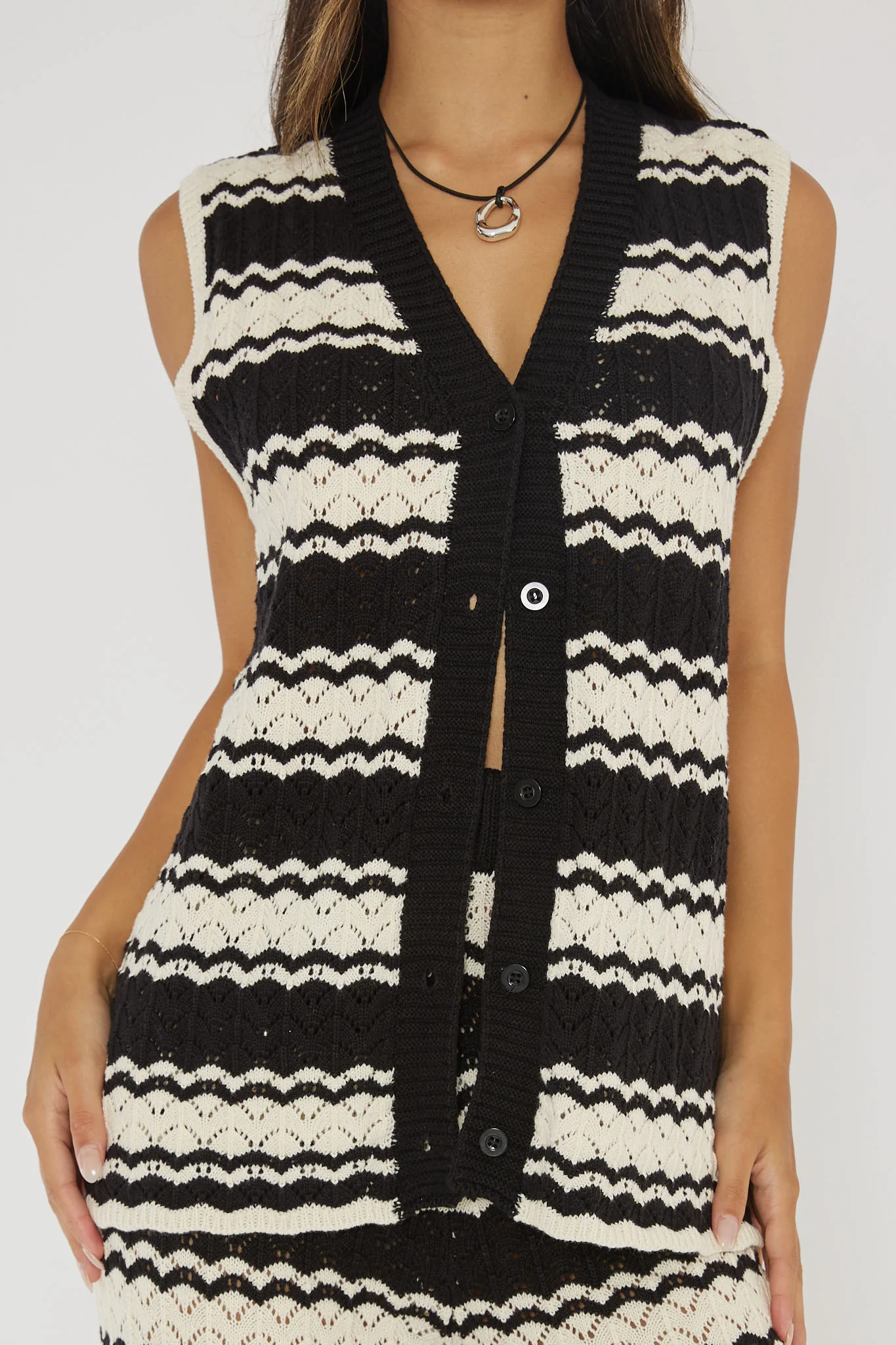 Maysah Button-Up Crochet Top Black/White