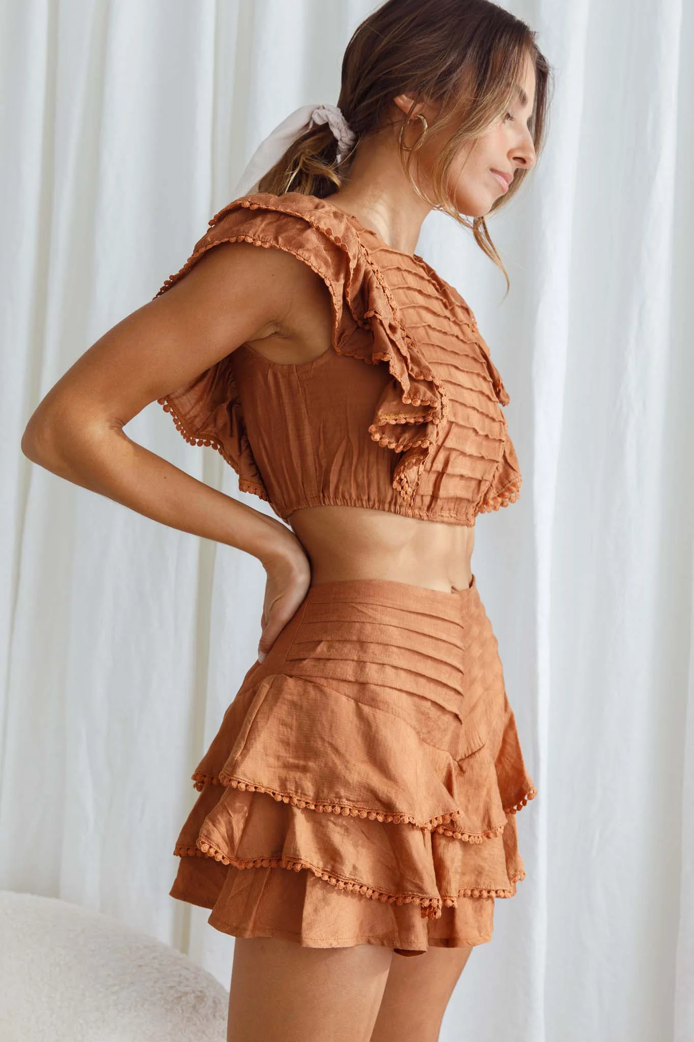 Wild And Free Pintuck Pleat And Ruffle Crop Top Tan