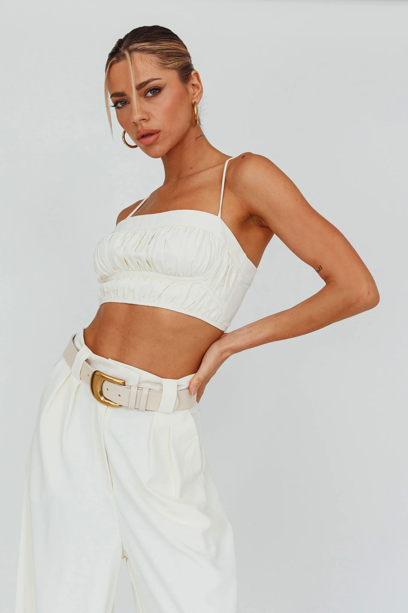 Regal Ruched Cami Crop Top Cream