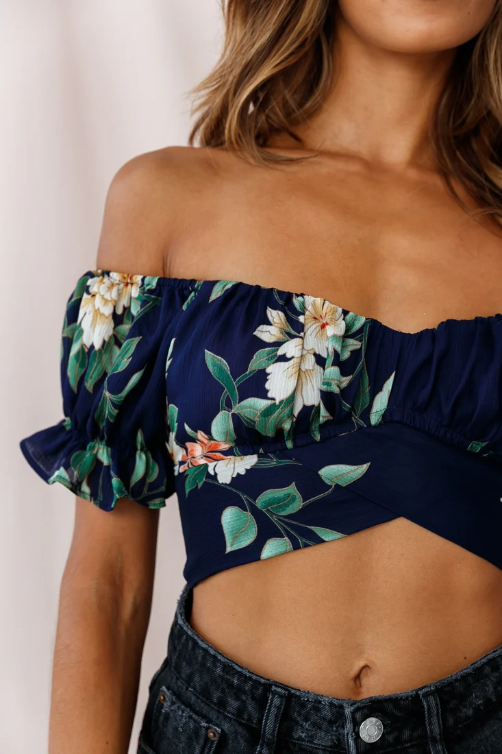 Linka Off-Shoulder Tie-Back Crop Top Floral Print Navy