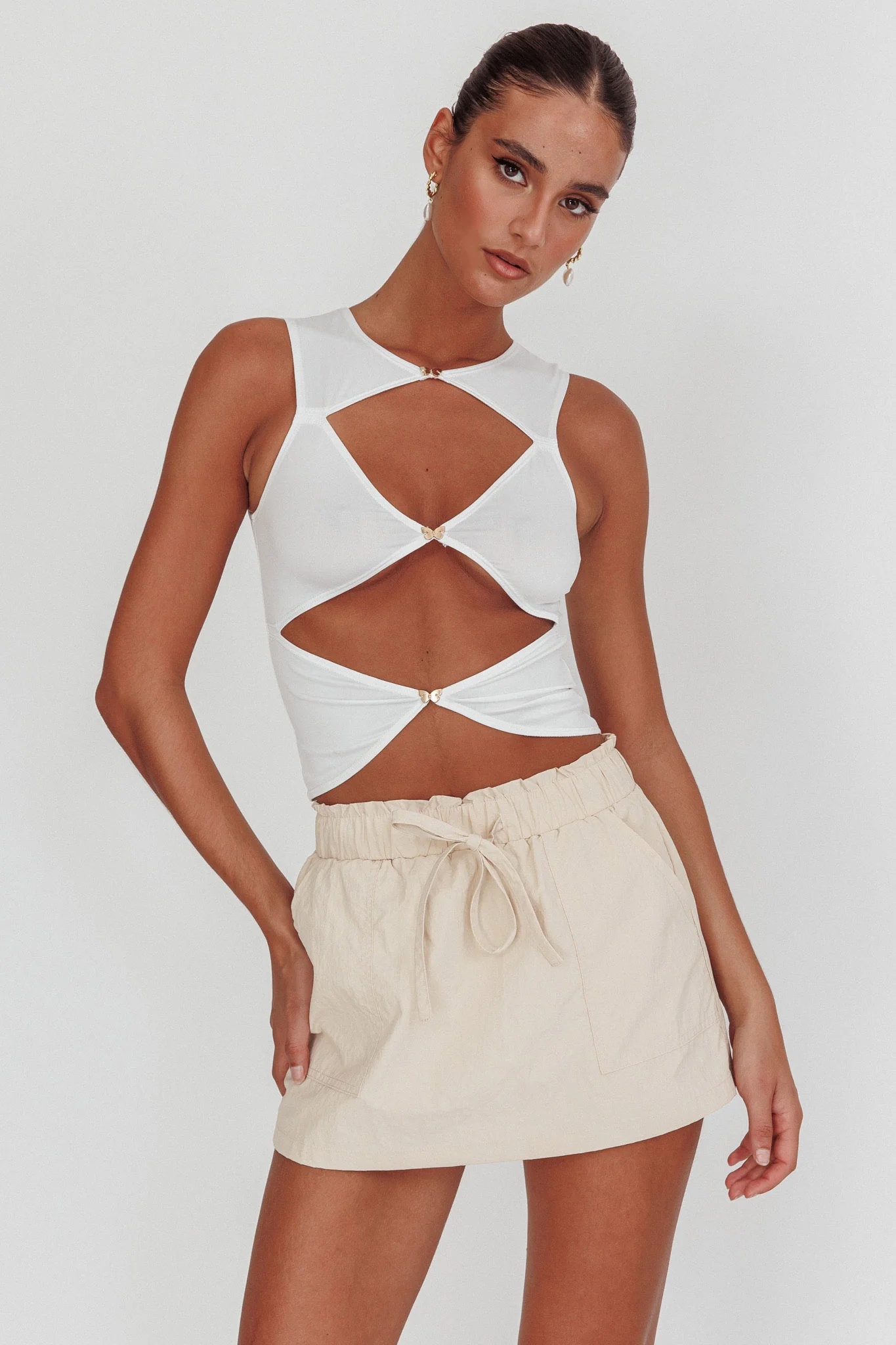 Argyle Cut-Out Sleeveless Top White