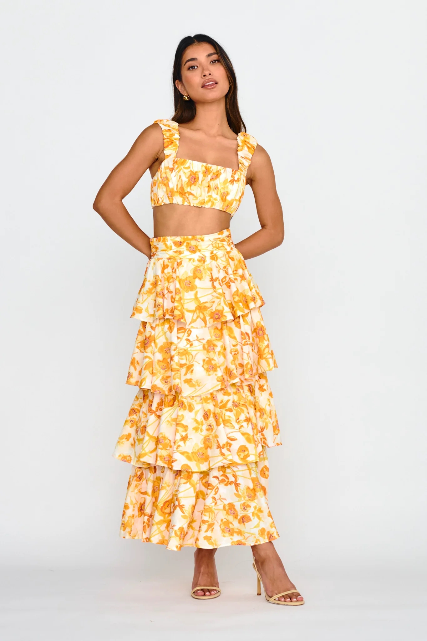 Suenito Gathered Crop Top Floral Orange