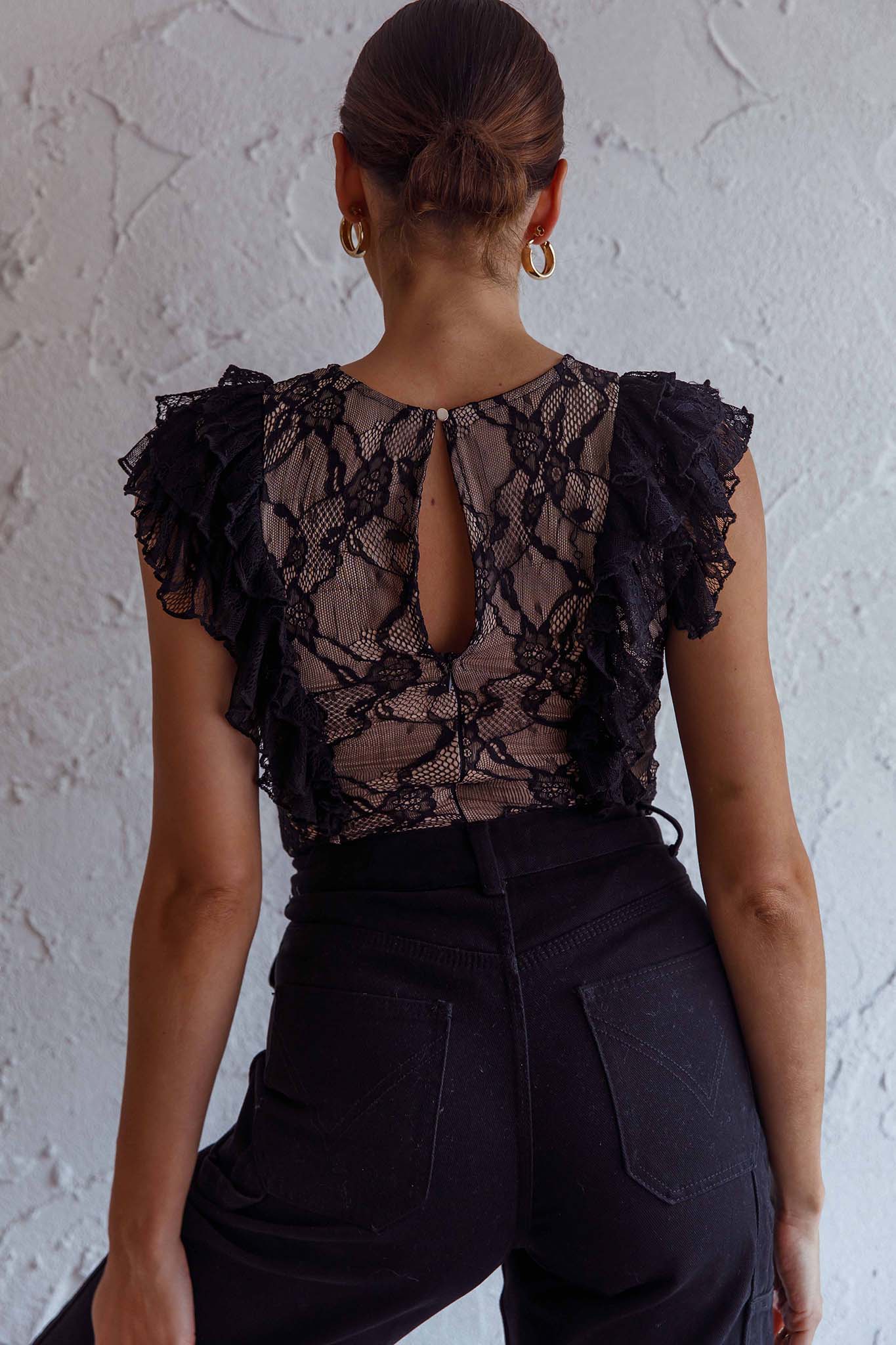 Spring Fling Frill Trim Lace Bodysuit Black