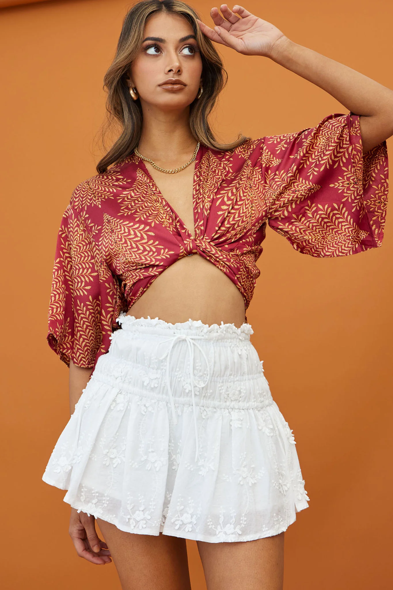 Rivera Deep-V Waist-Tie Top Leaf Print Wine