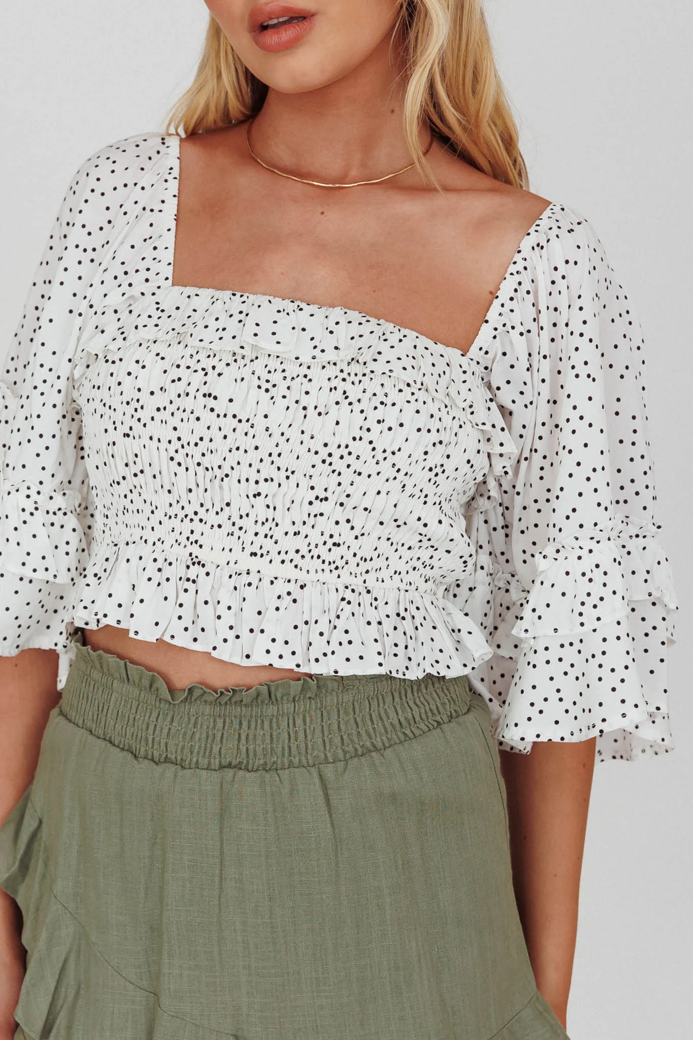 Boardwalk Bell Sleeve Crop Top Spotty White