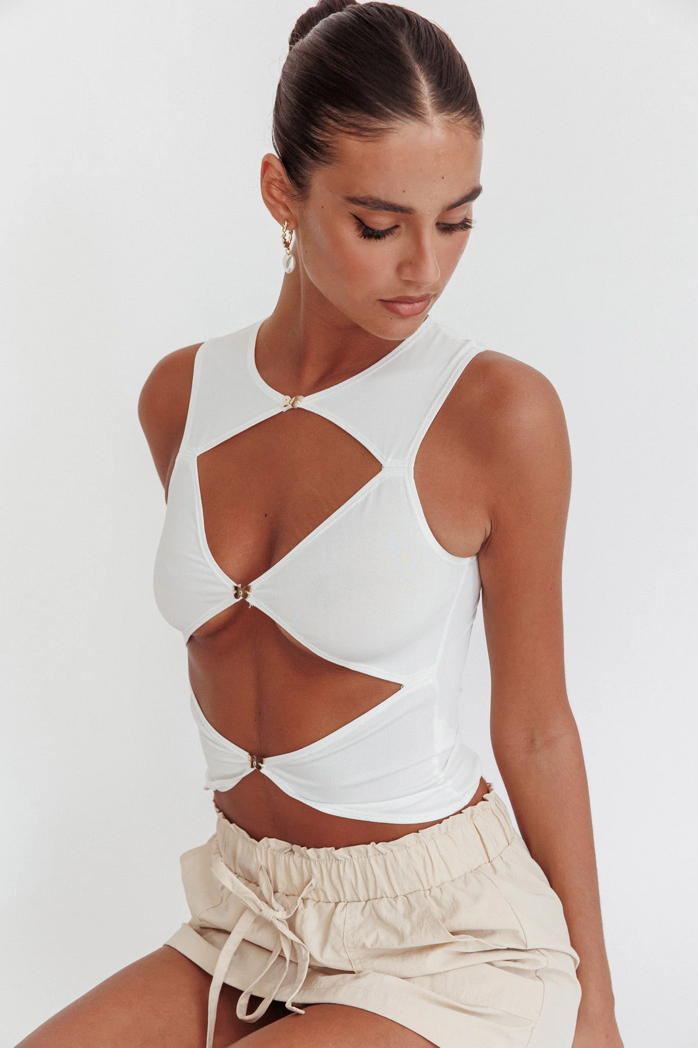 Argyle Cut-Out Sleeveless Top White