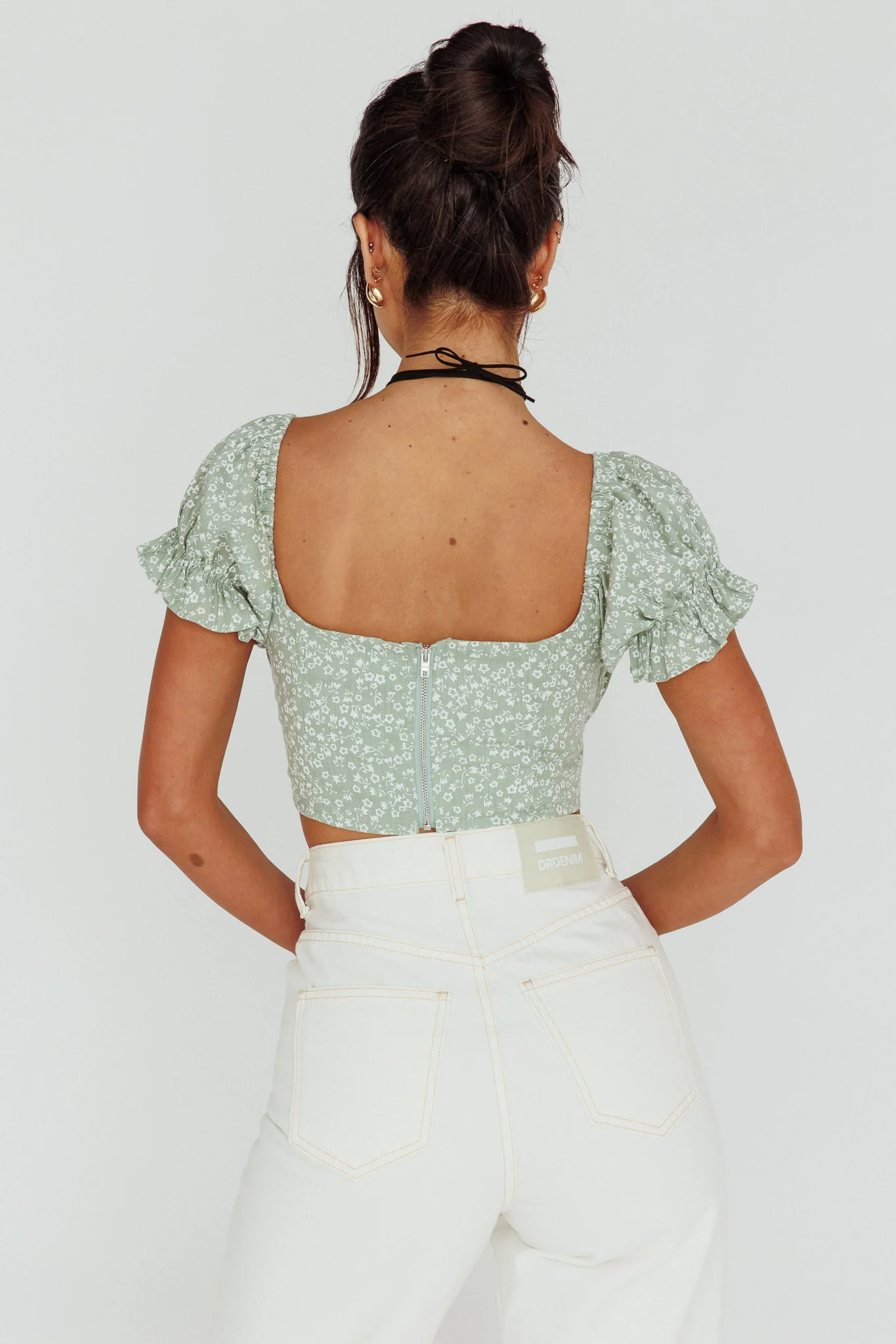 Sweet Romance Sweetheart Neckline Crop Top Floral Sage