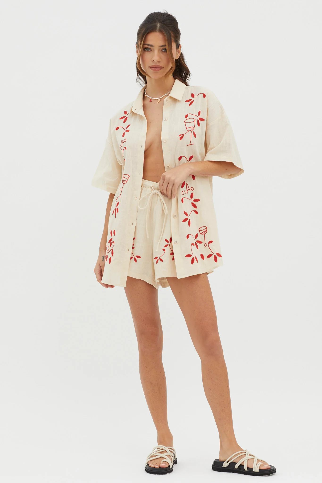 Ciao Ciao Embroidered Button-Up Shirt Oat