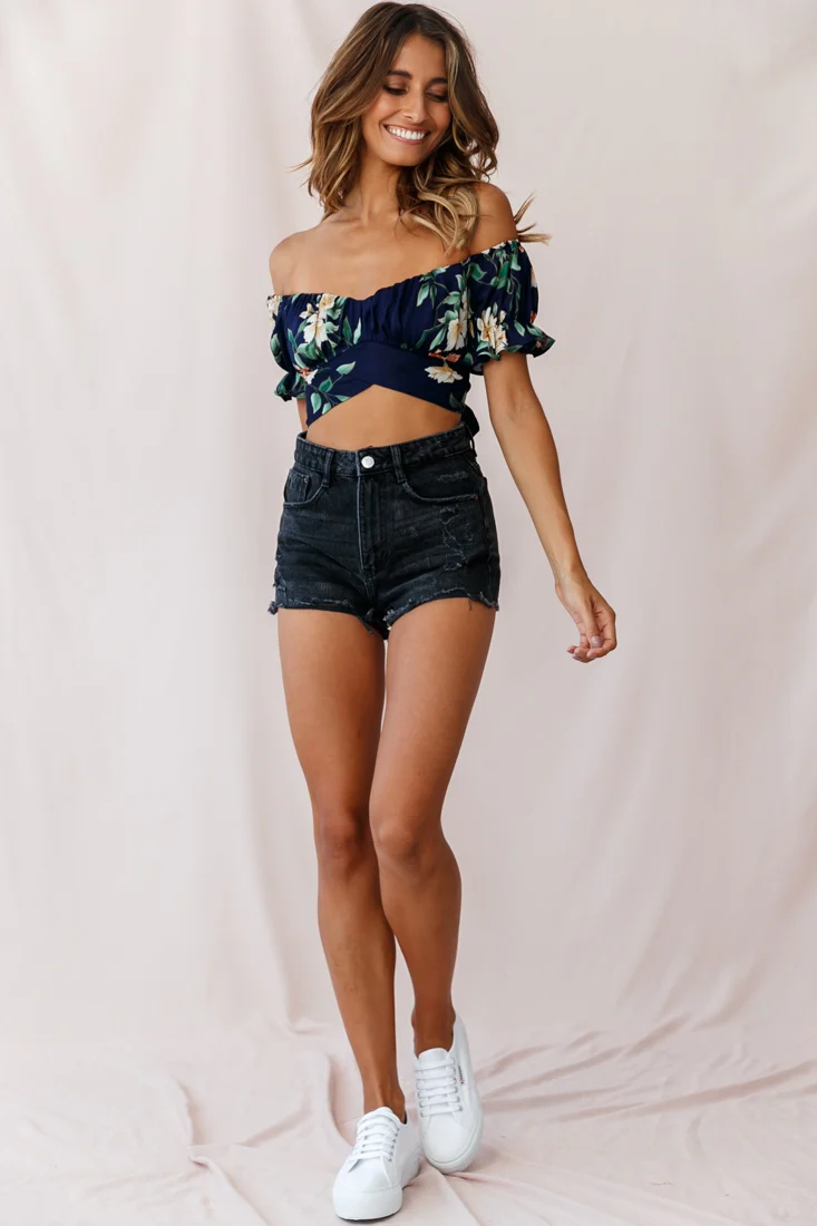 Linka Off-Shoulder Tie-Back Crop Top Floral Print Navy