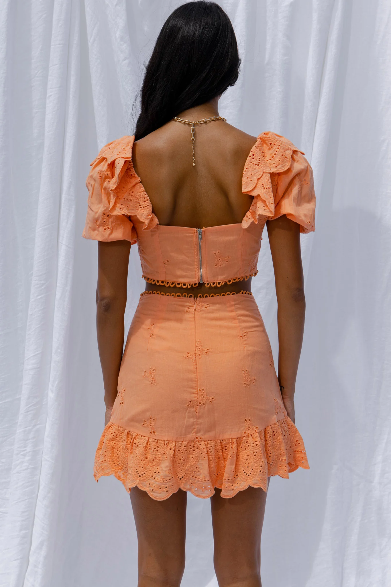 New Moon Ruffle Trim Puff Sleeve Eyelet Crop Top Orange