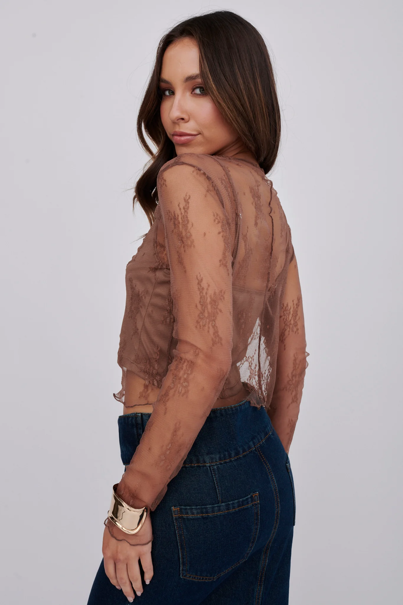 Genovia Long Sleeve Lace Top Brown