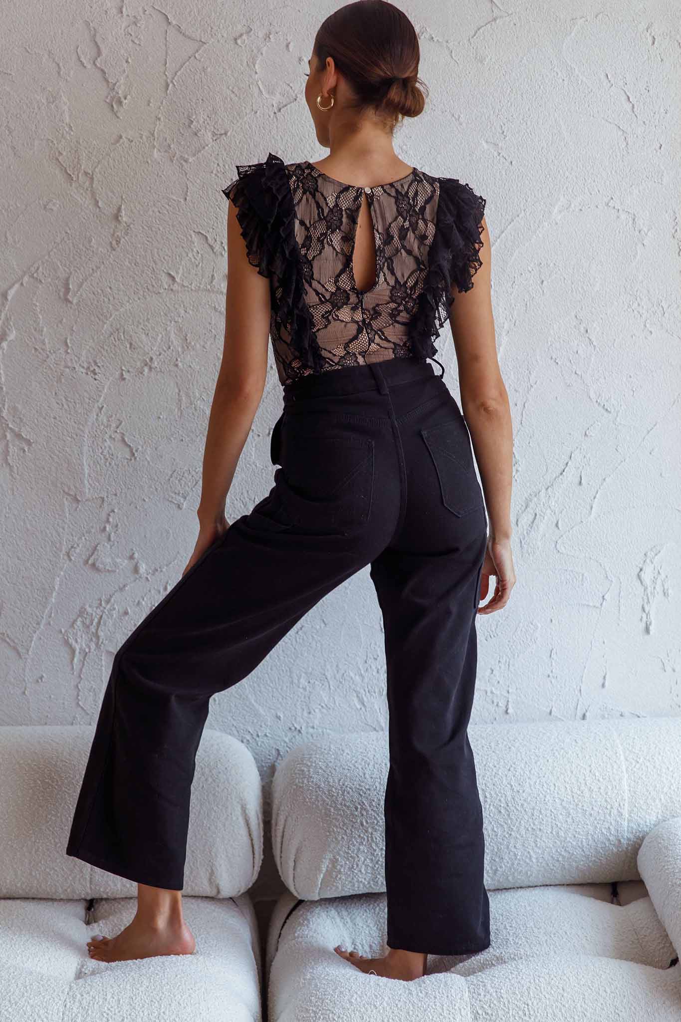 Spring Fling Frill Trim Lace Bodysuit Black