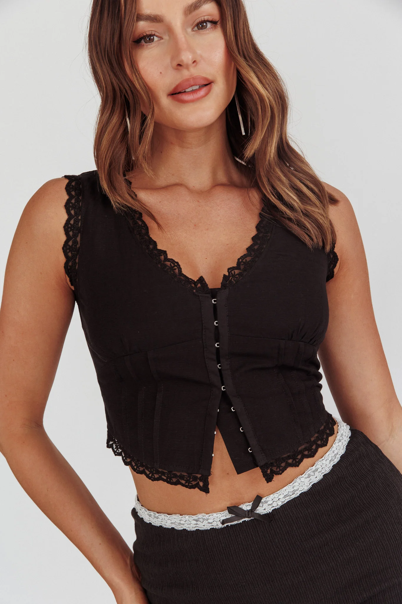 Walkaway Lace Trim Hook & Eye Top Black