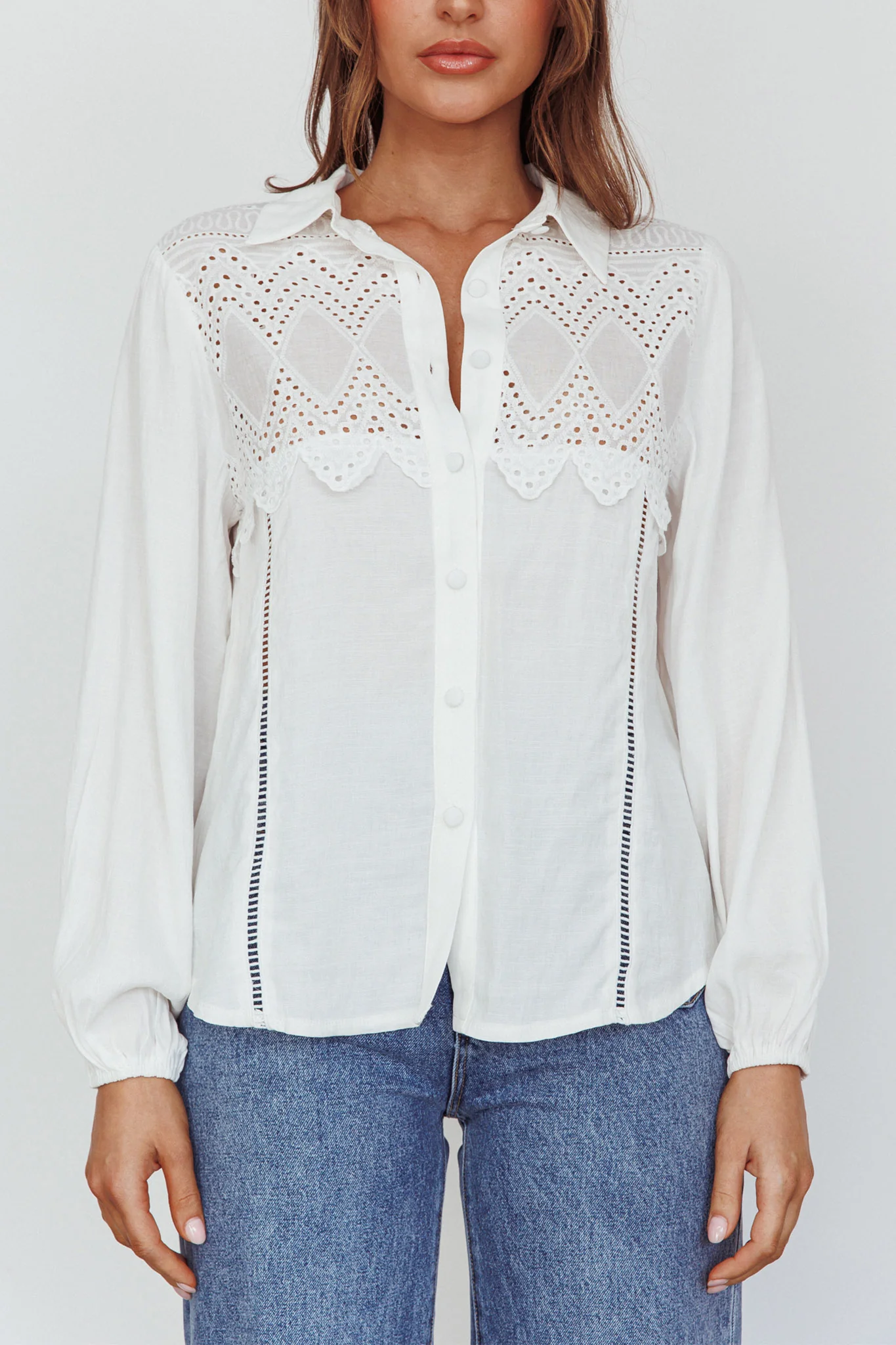 Villa Oasis Long Sleeve Button Shirt White