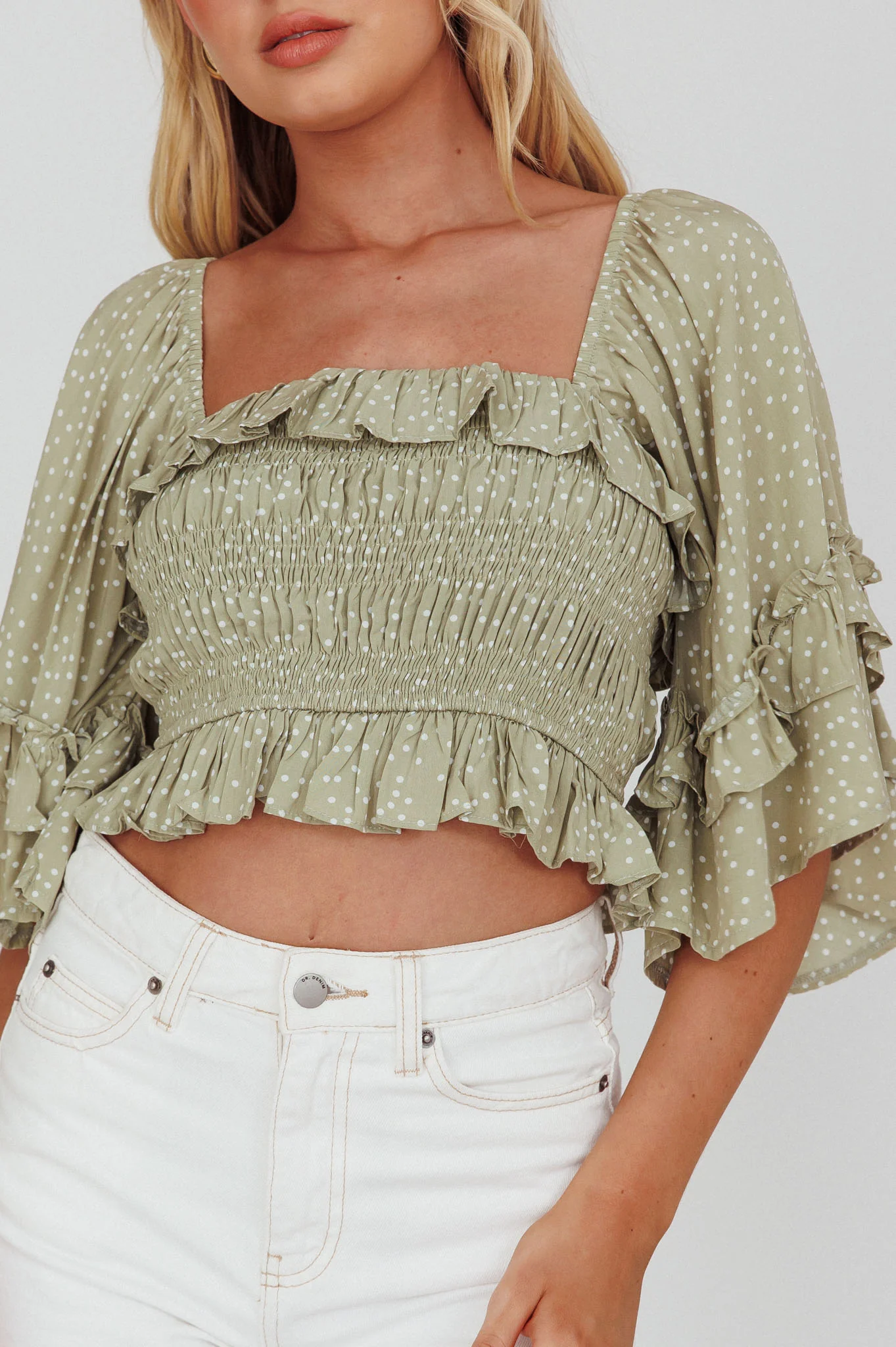 Boardwalk Bell Sleeve Crop Top Spotty Sage
