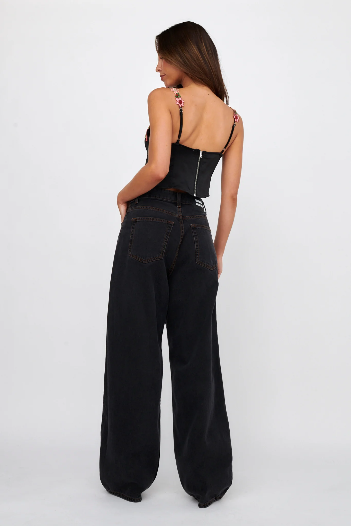 Rose Garden Floral Applique Crop Top Black