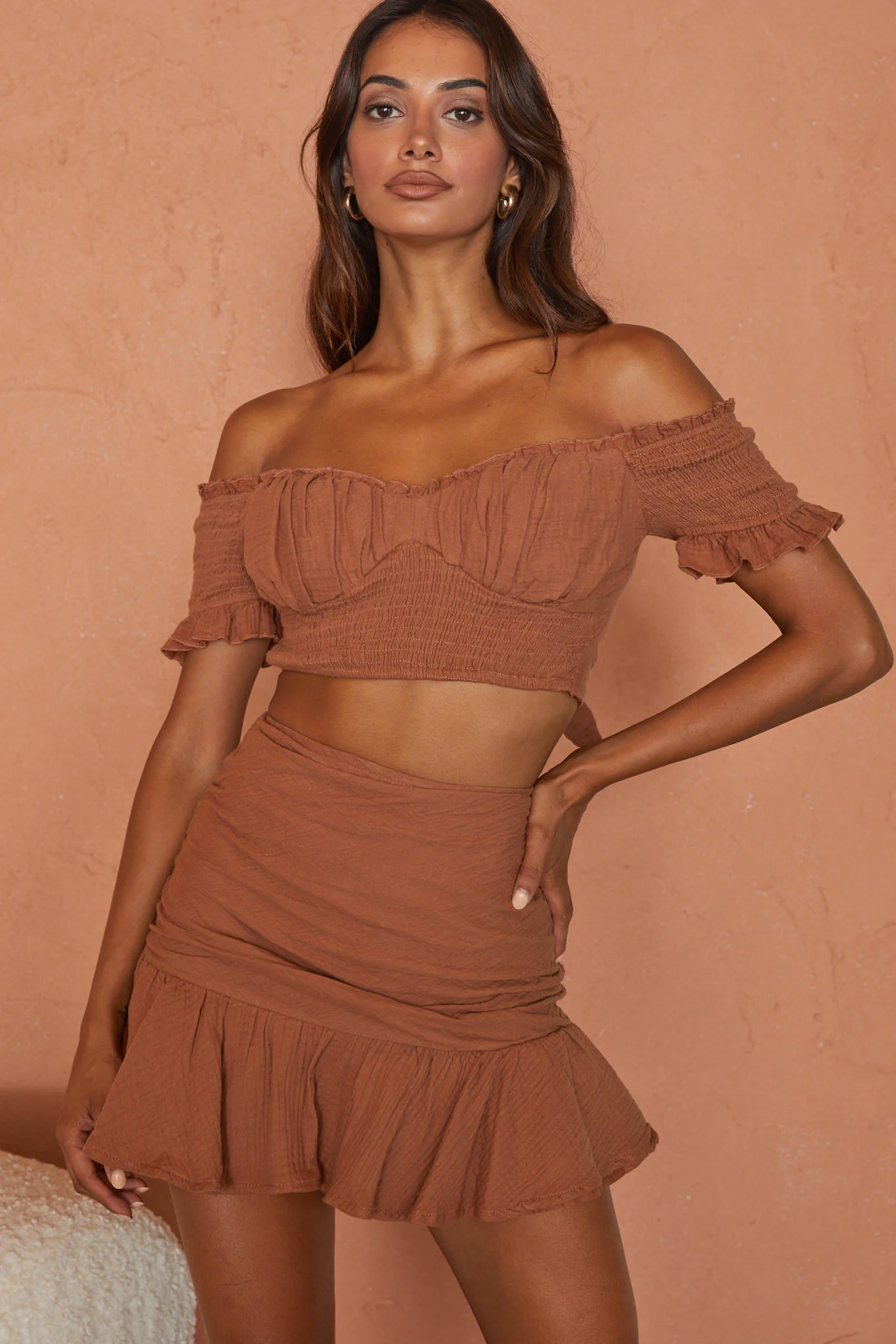 Rise And Shine Shirred Bodice Tied Back Crop Top Latte