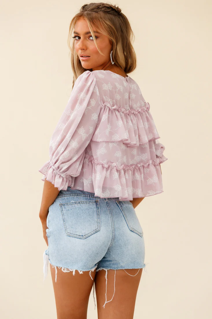 Float On By Layered Ruffle Crop Top Leaf Print Pink