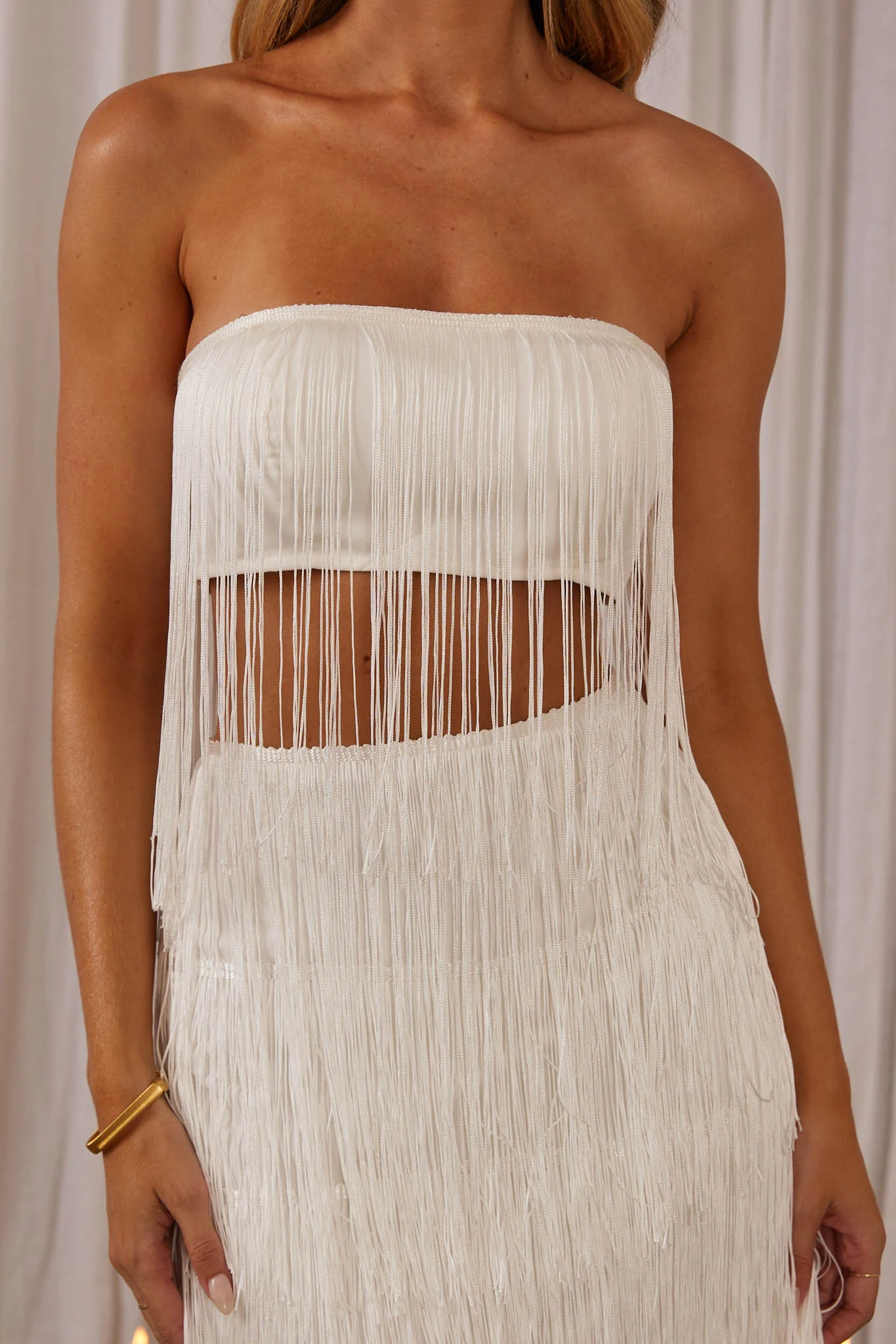 Golden Nights Long Fringe Top White