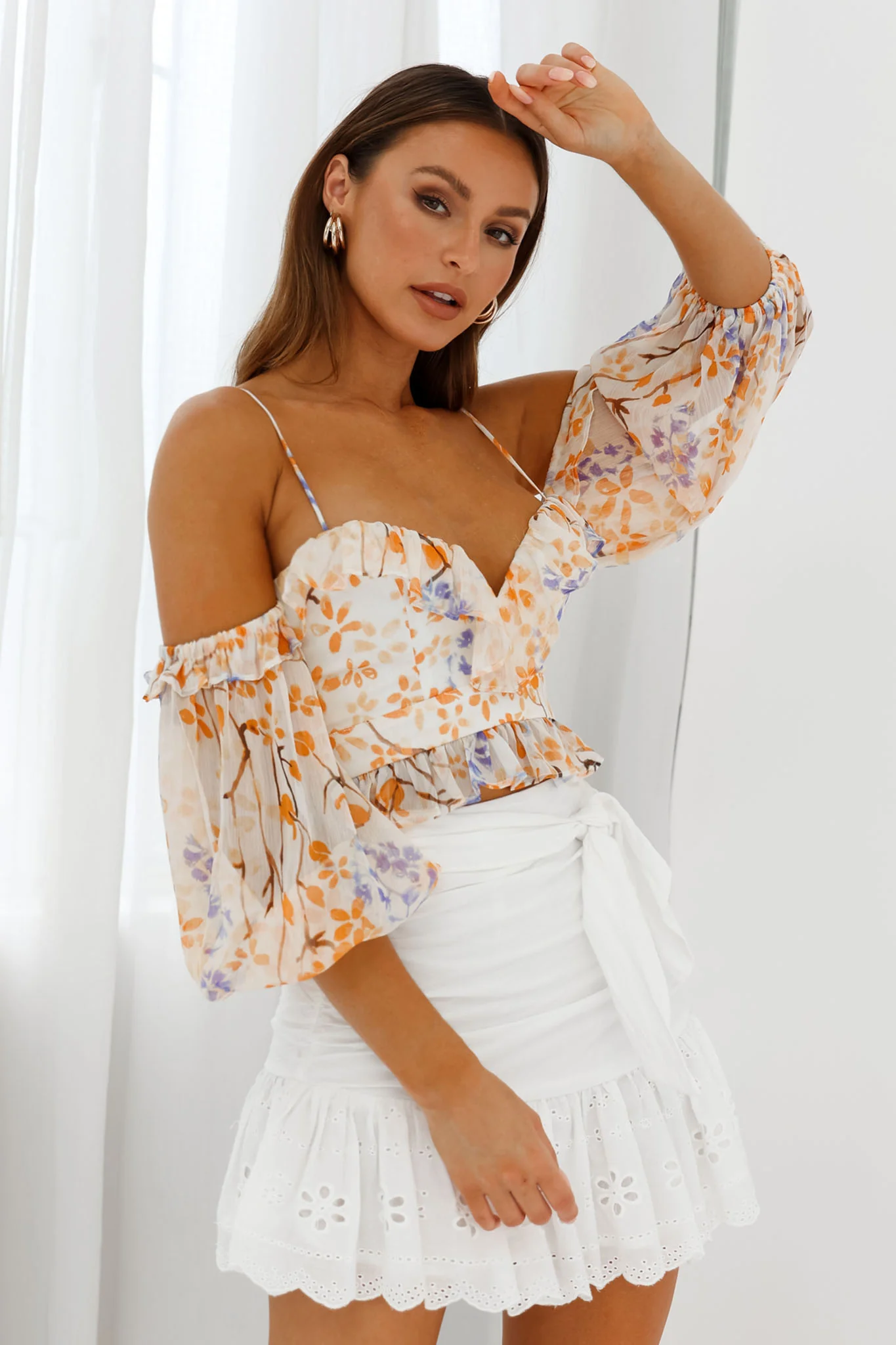 Fiorella Sweetheart Neckline Balloon Sleeve Crop Top Floral Print Orange