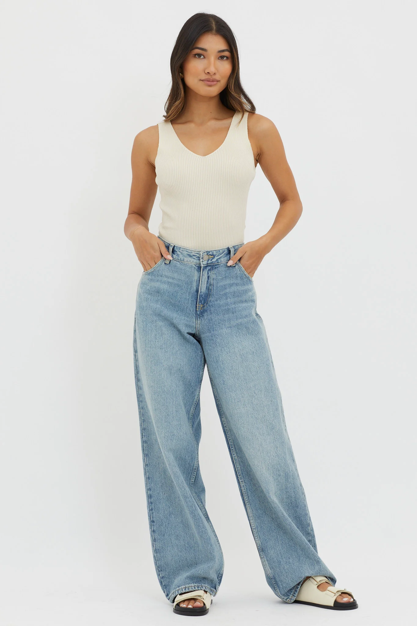 Off-Duty V-Neck Ribbed Knit Top Cream