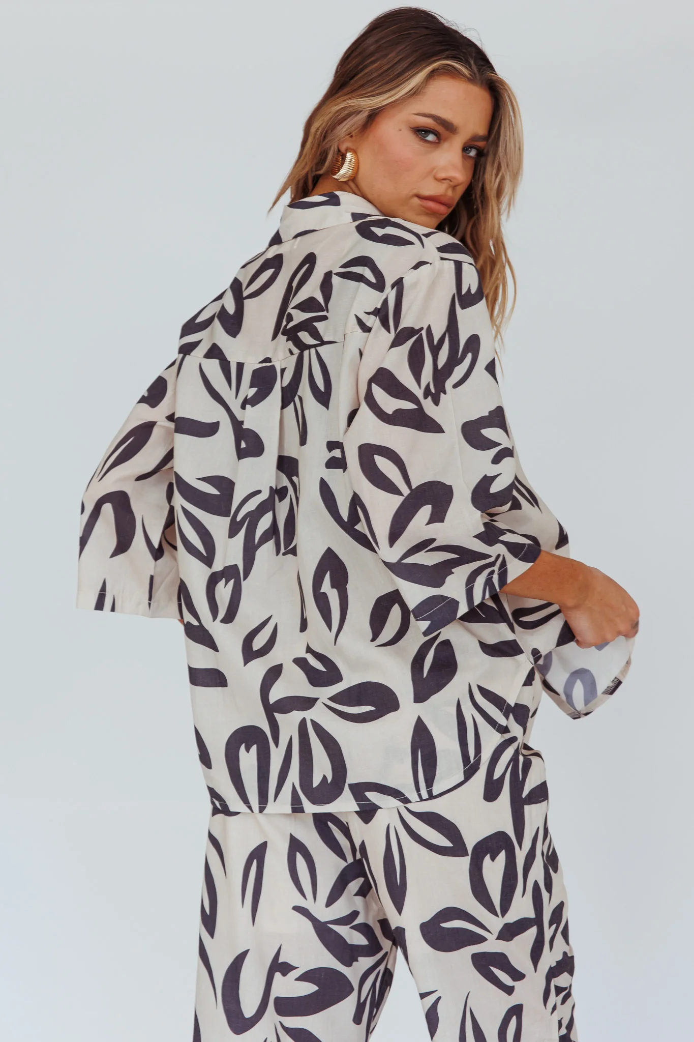 Just A Hunch Button Shirt Leaf Print Beige