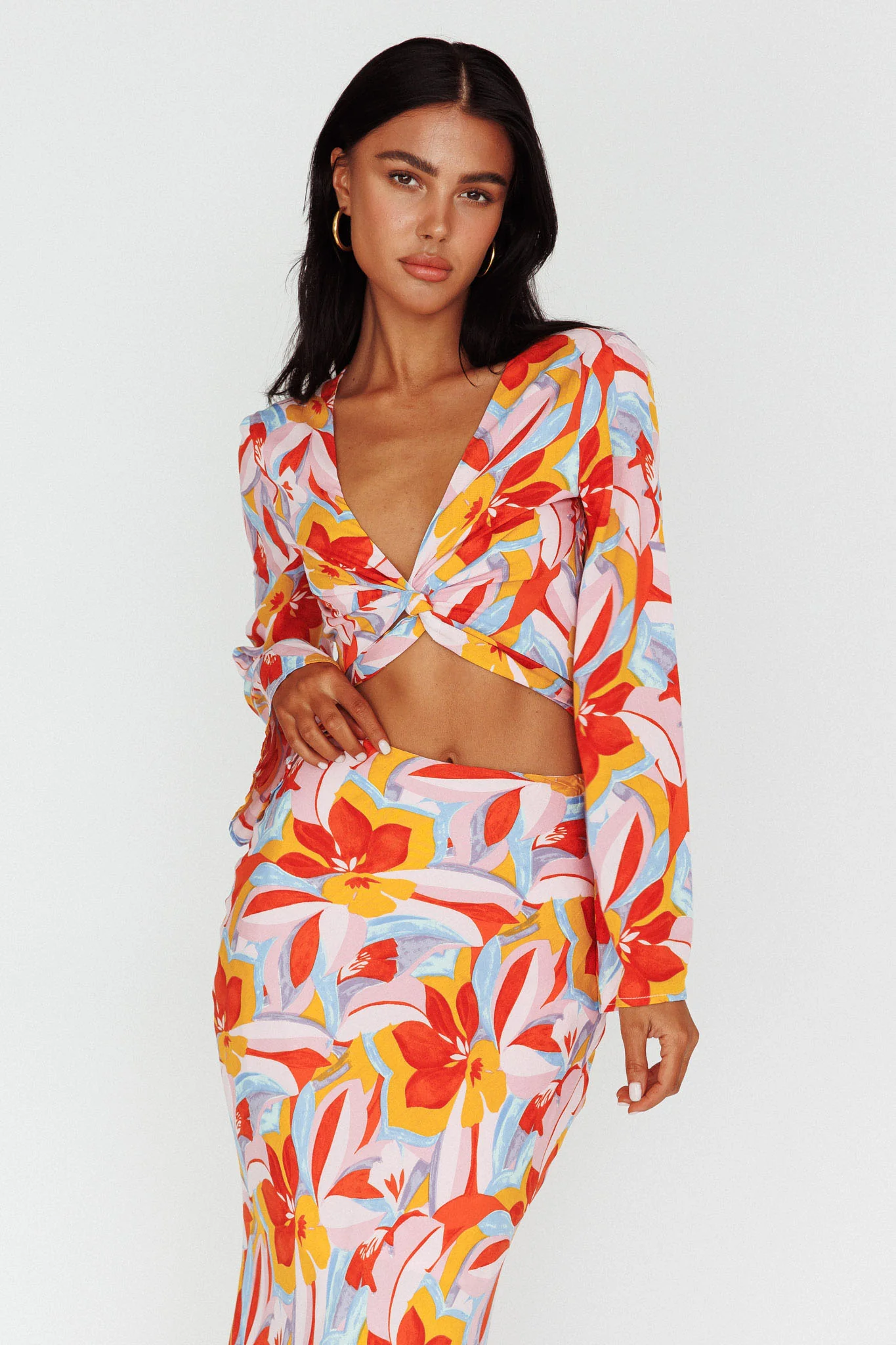 Avalo Bell Sleeve Crop Top Floral Pink