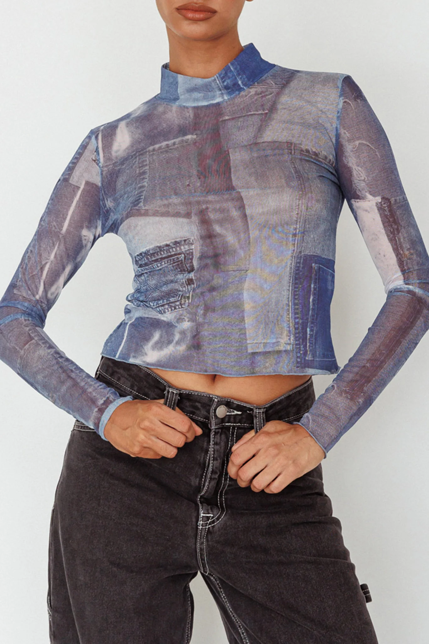 Giza Long Sleeve Mock Neck Top Print Denim Multi