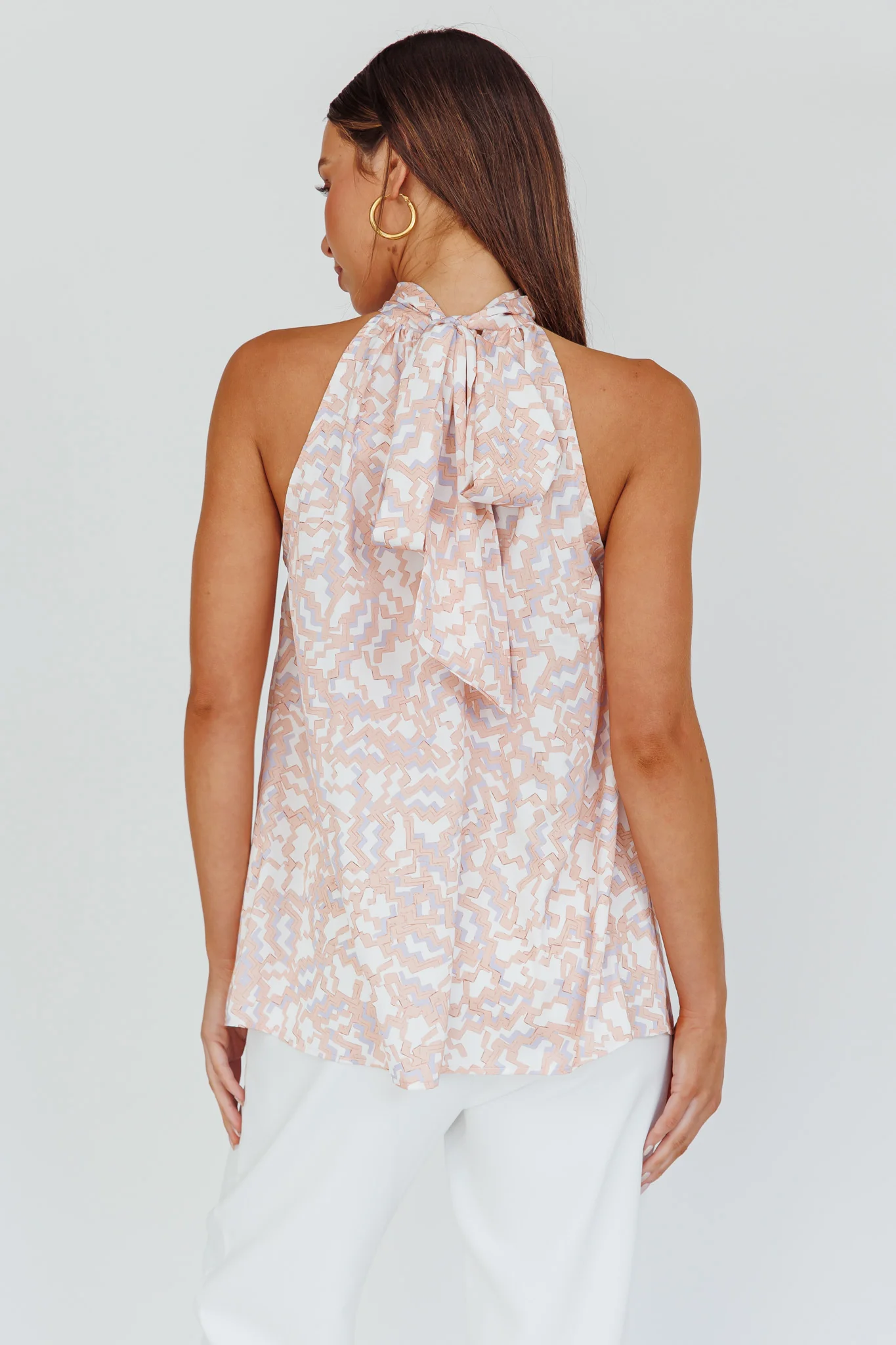 Calisto Sleeveless Tied Neck Top Geometric Apricot