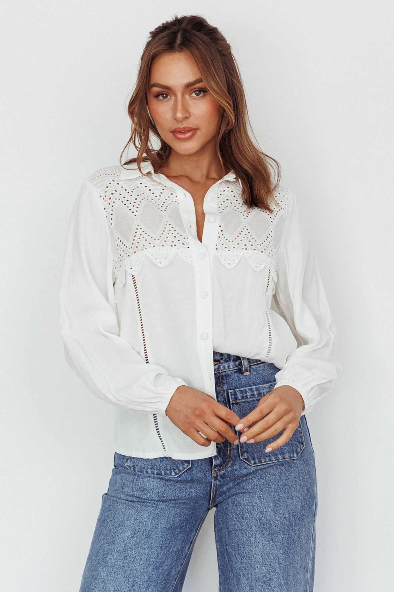 Villa Oasis Long Sleeve Button Shirt White