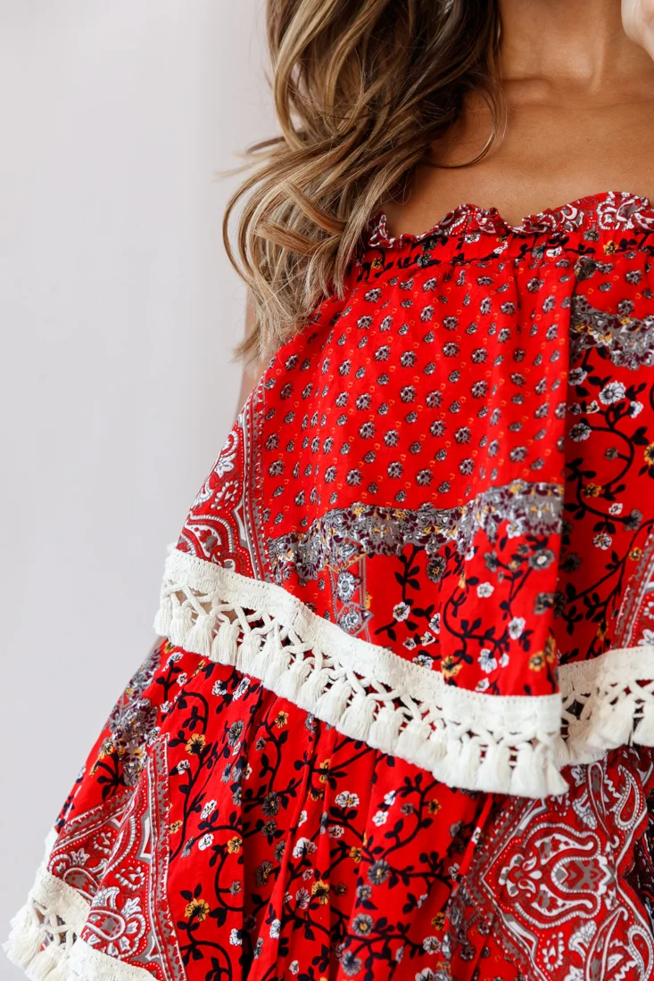 Palau Tassel-Trimmed Paisley Crop Top Red