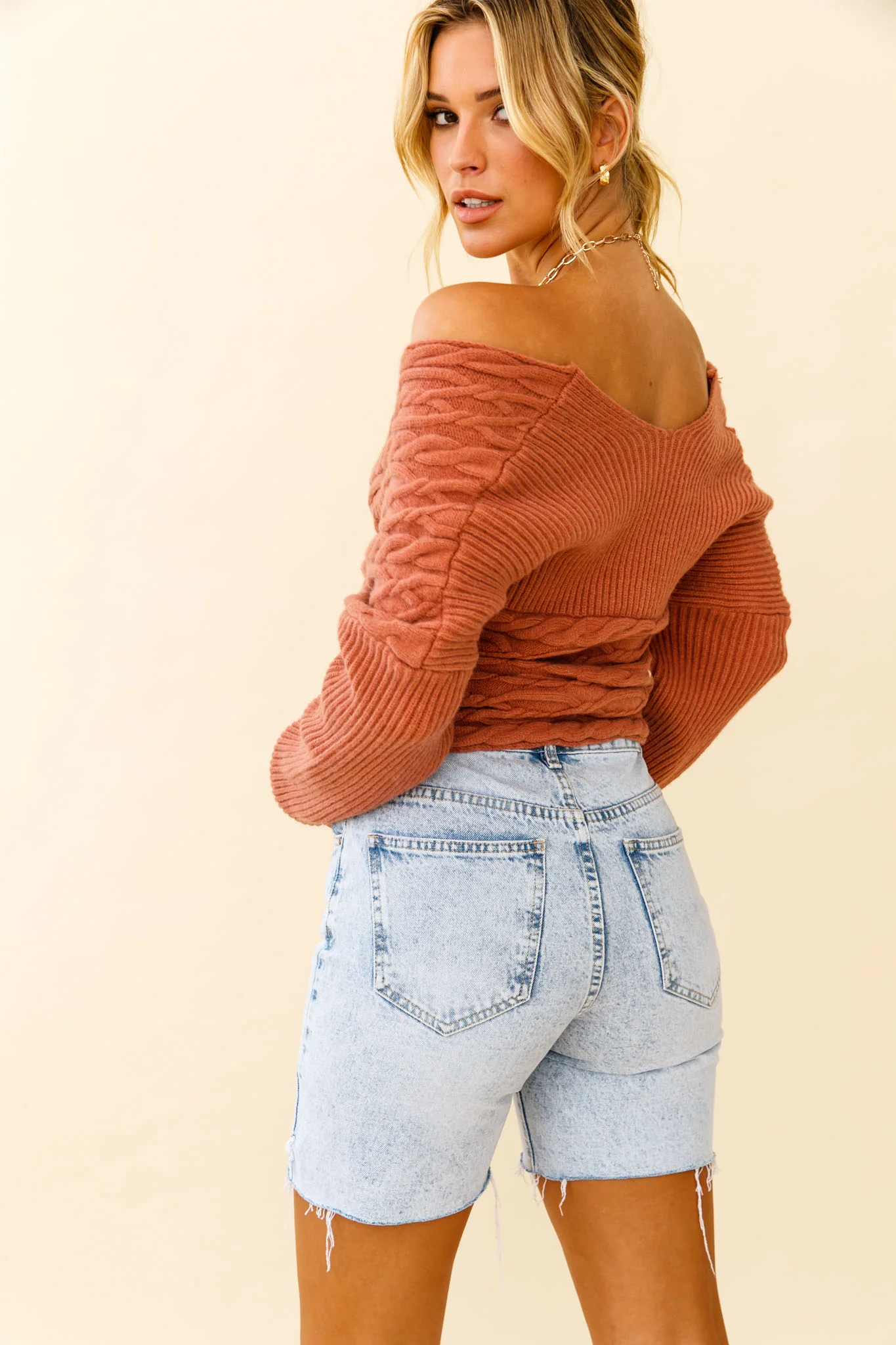 Heartstopper Off-Shoulder Wrap Knit Top Rose