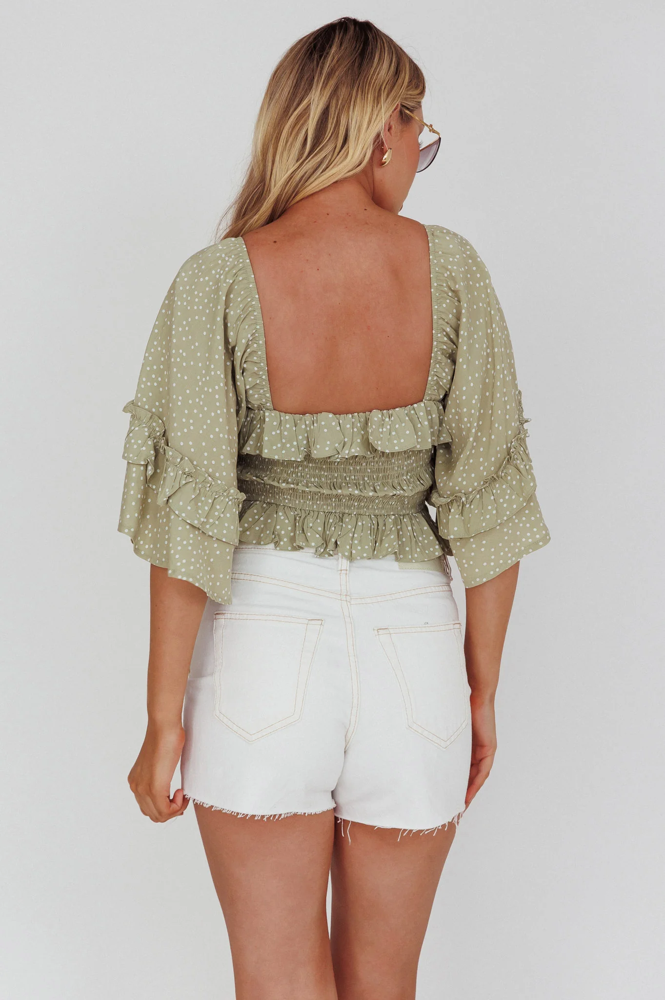 Boardwalk Bell Sleeve Crop Top Spotty Sage