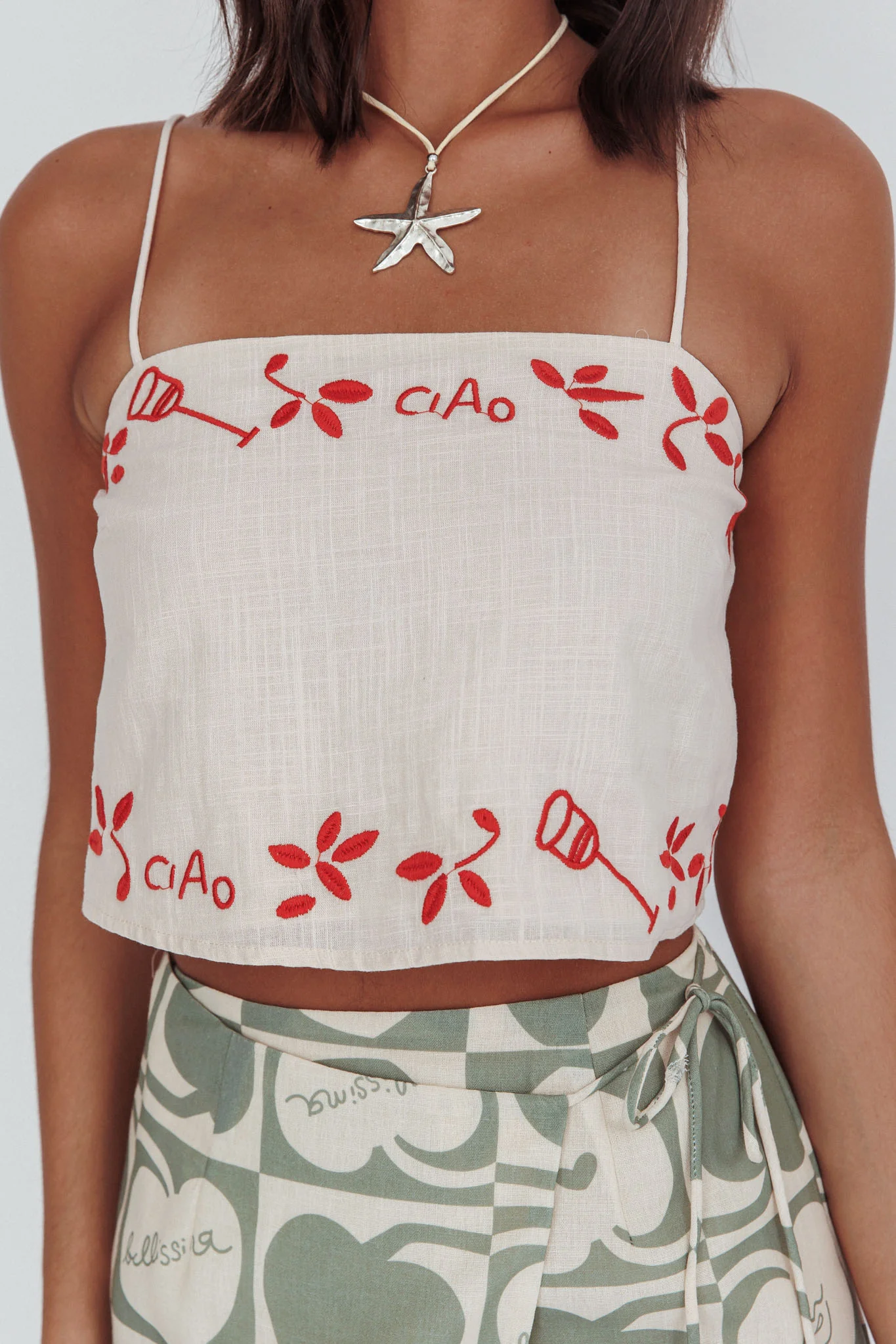 Sorrento Summer Embroidered Crop Top Oat