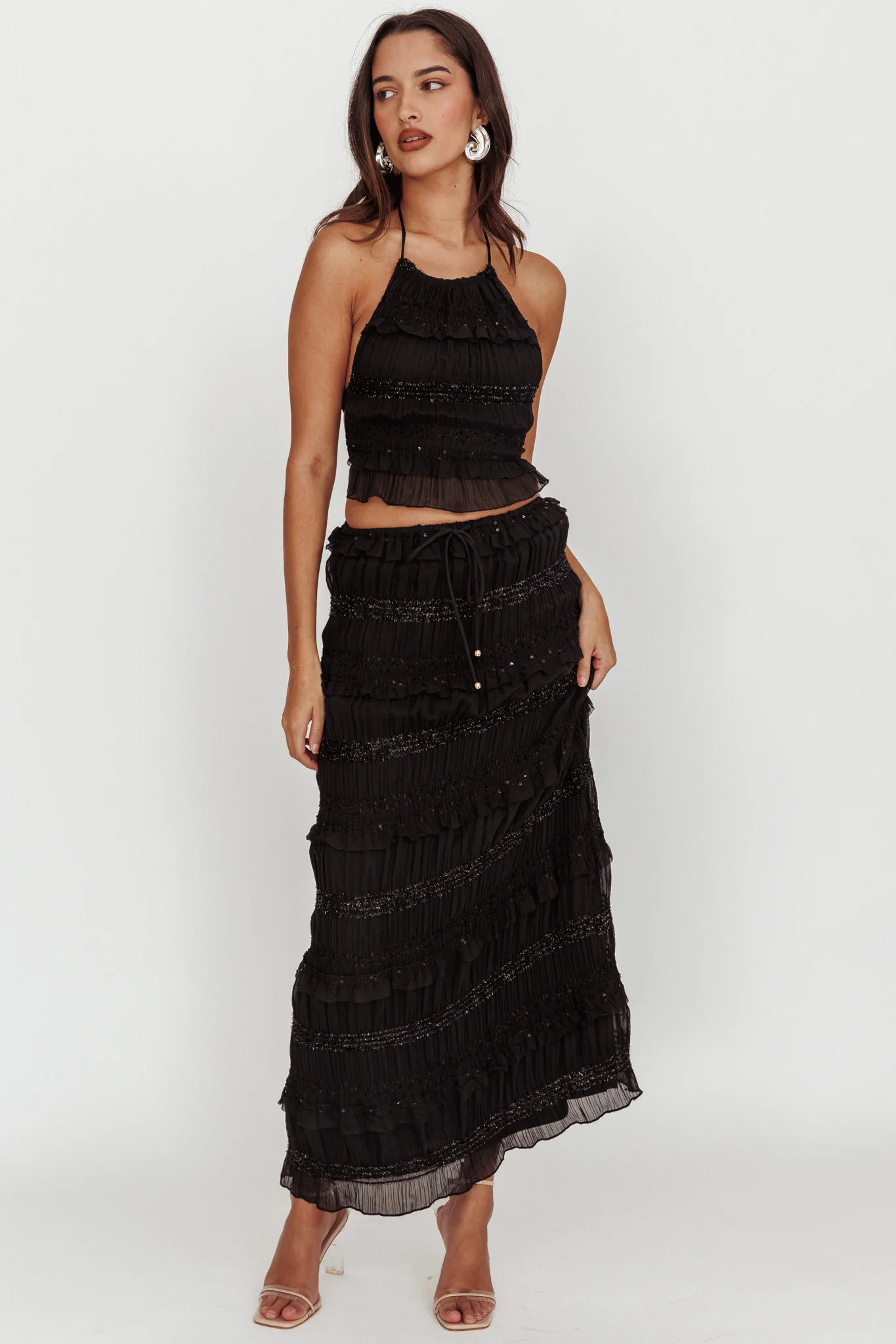 Helios Halterneck Shirred Sequin Top Black