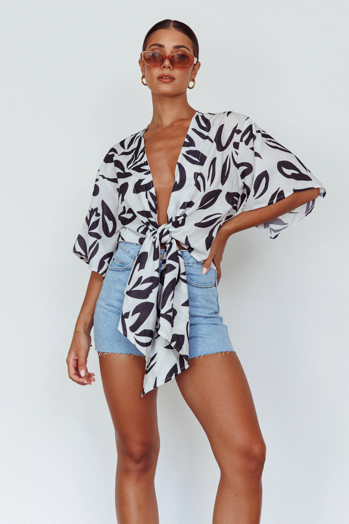 Rivera Deep-V Waist-Tie Top Leaves Black