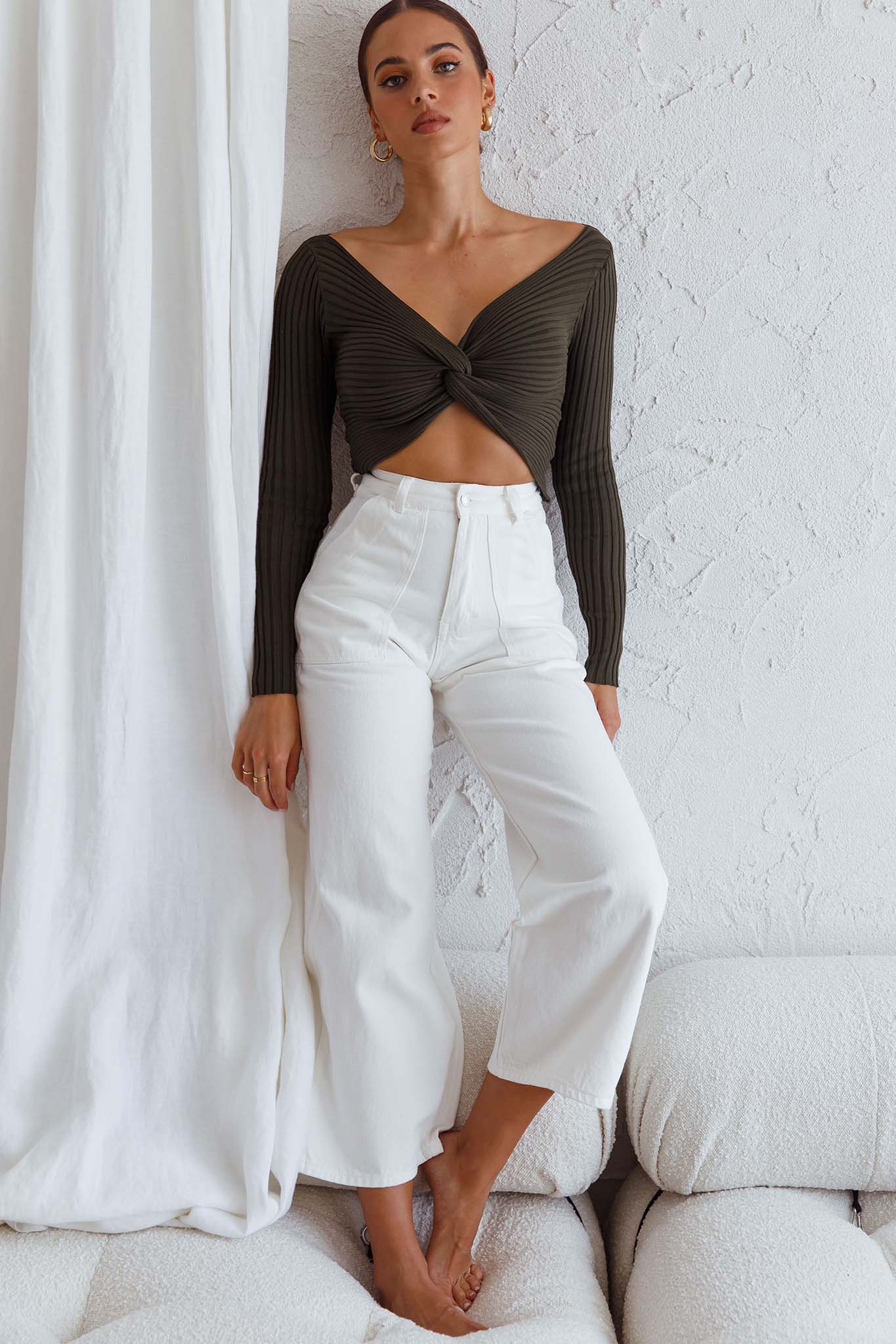 Dream Weaver Long Sleeve Twist Bust Crop Top Forest Green