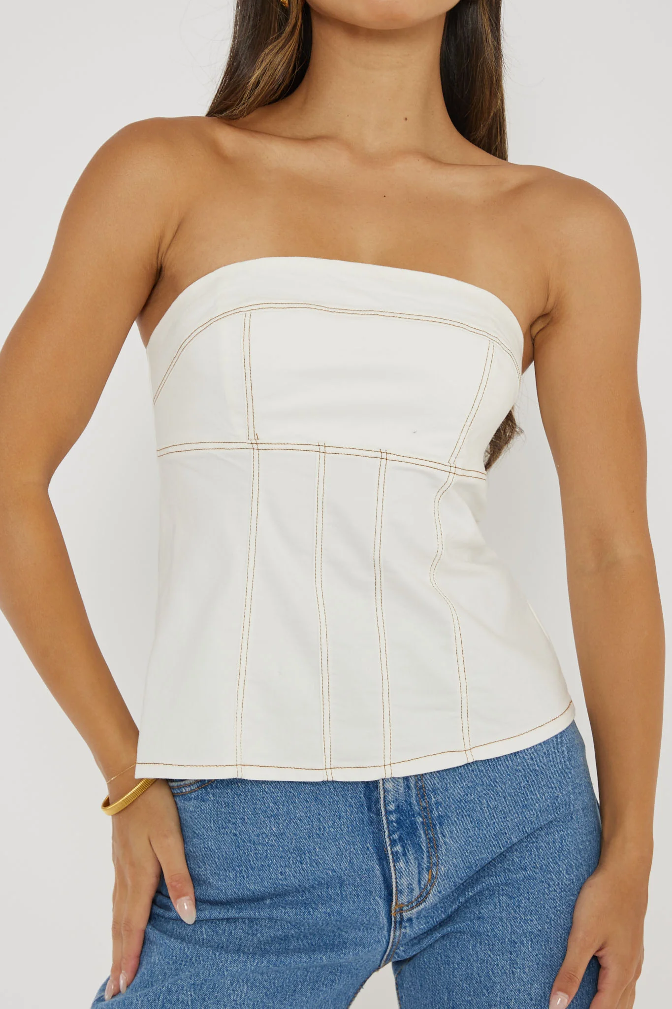 Cathlin Contrast Stitching Strapless Top White