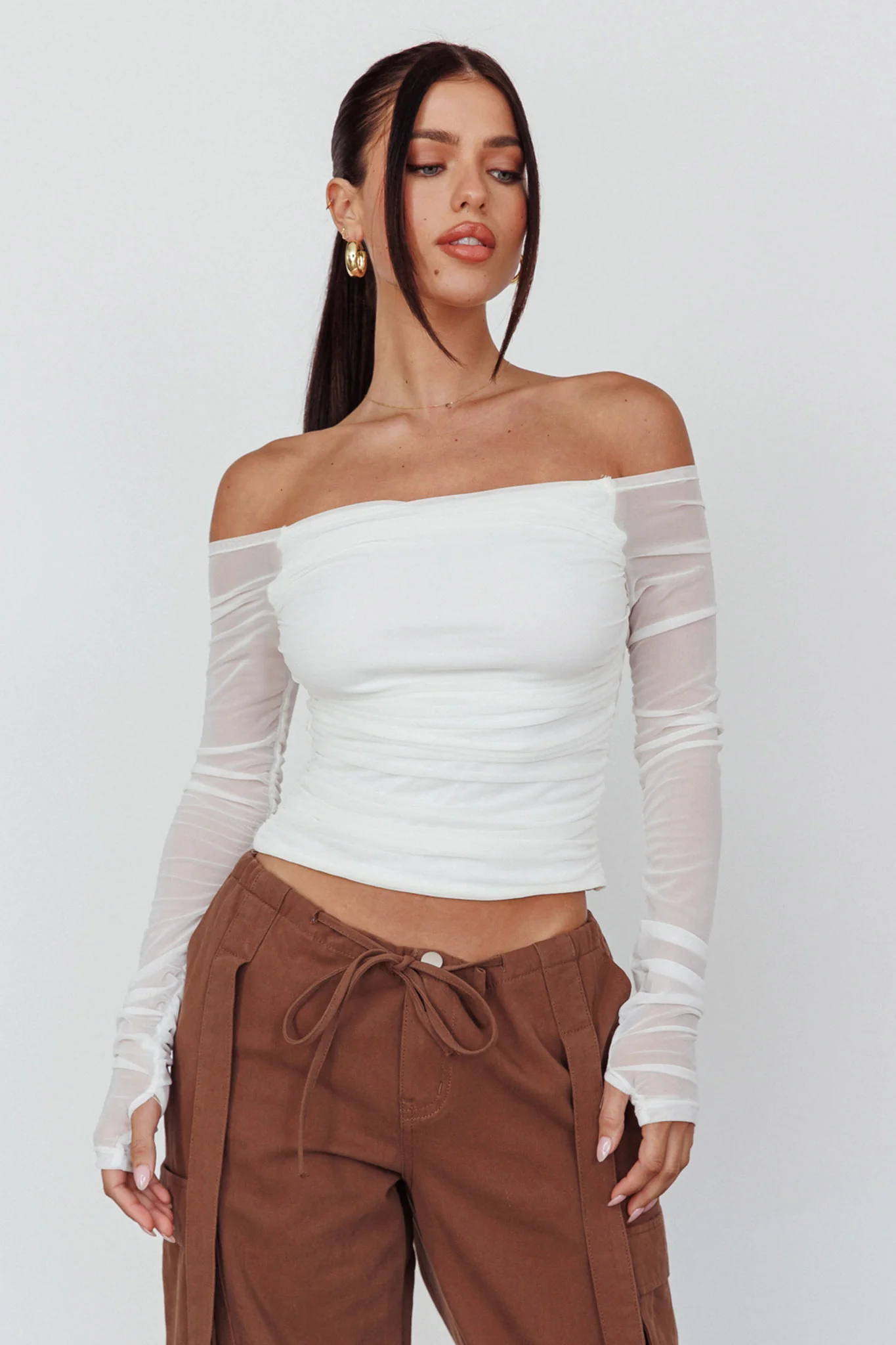 Ronda Off-Shoulder Sheer Sleeve Top White