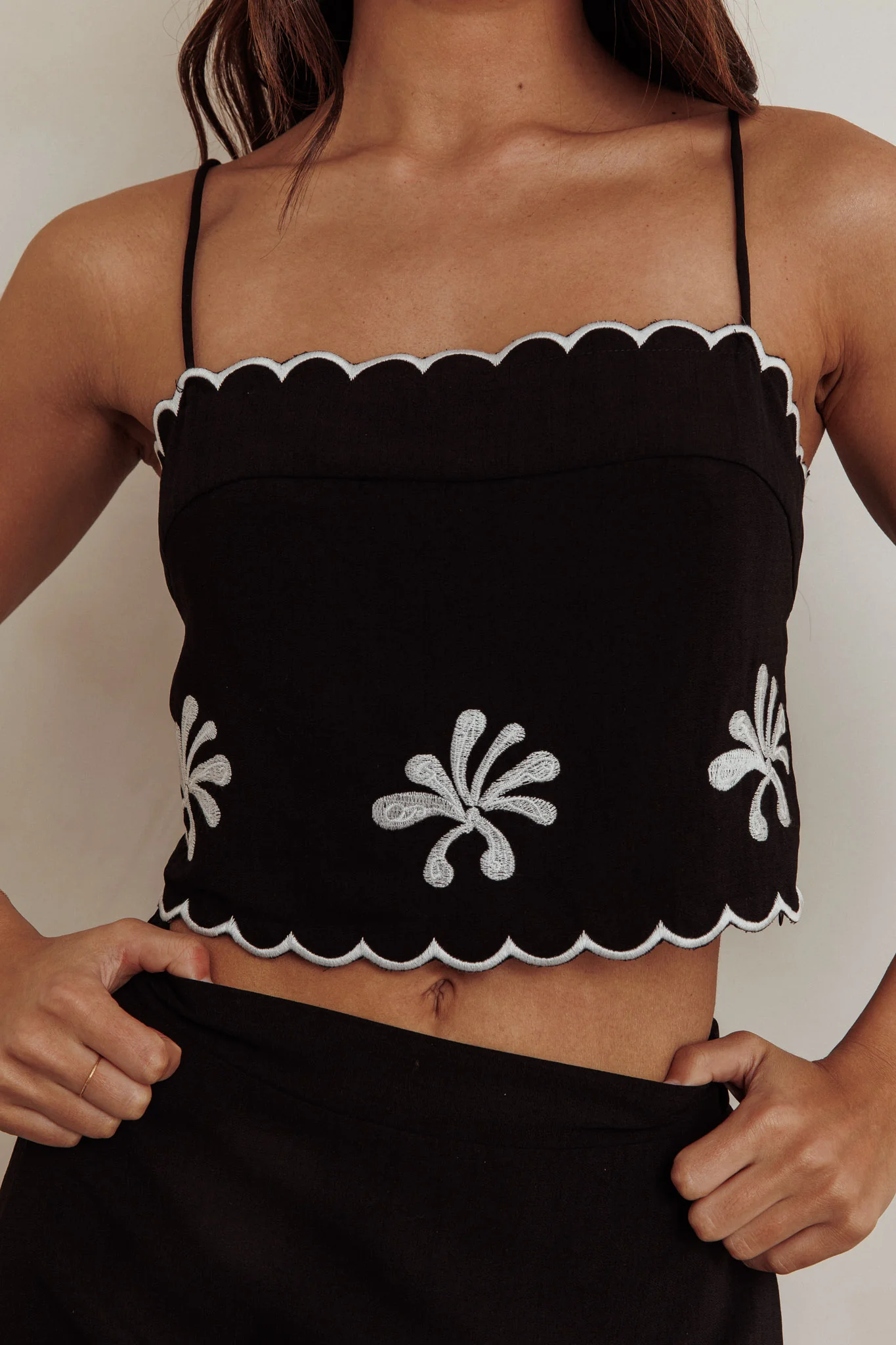 Carsyn Flower Embroidery Cropped Top Black