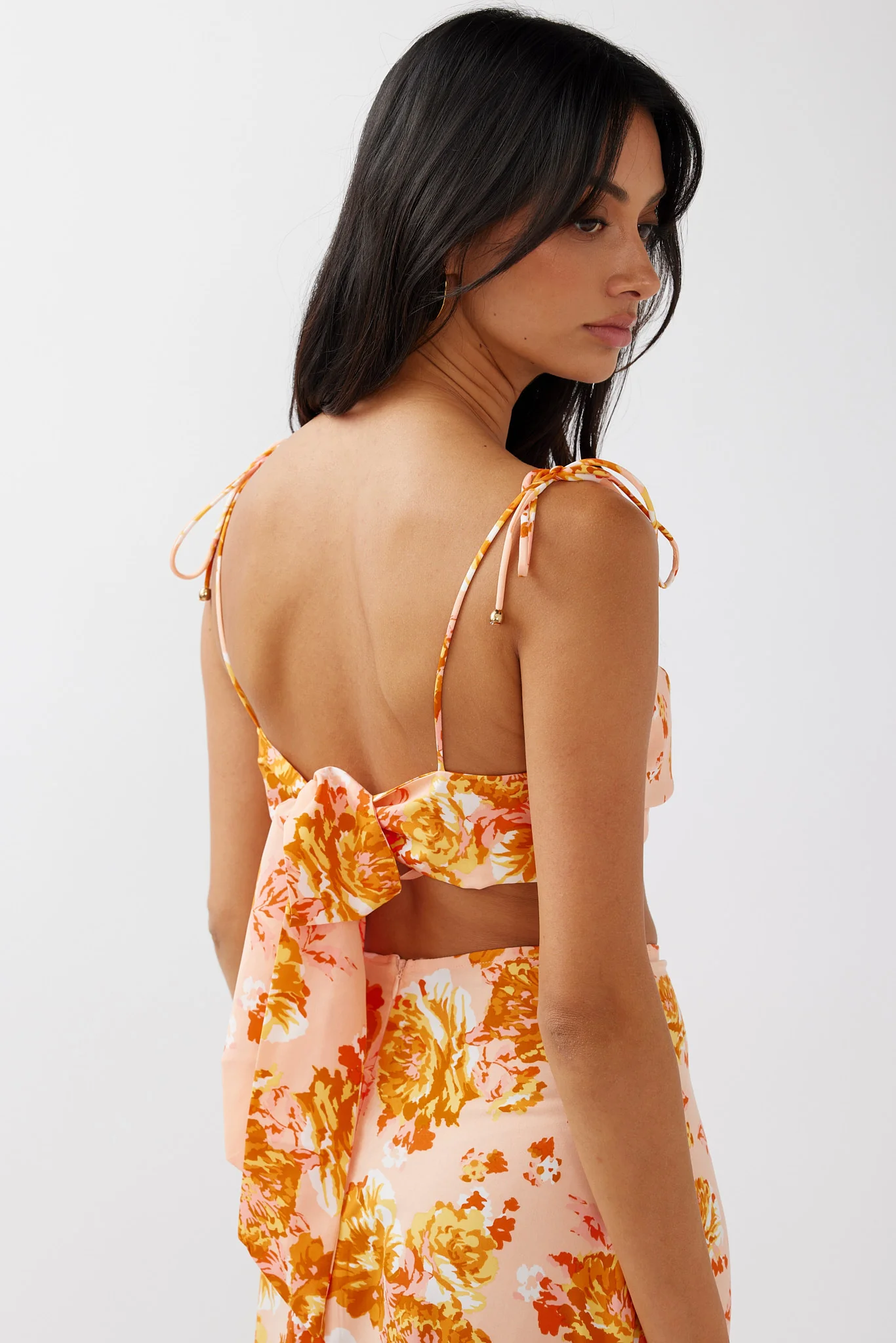 Gabbi Tied Shoulder Crop Top Floral Orange