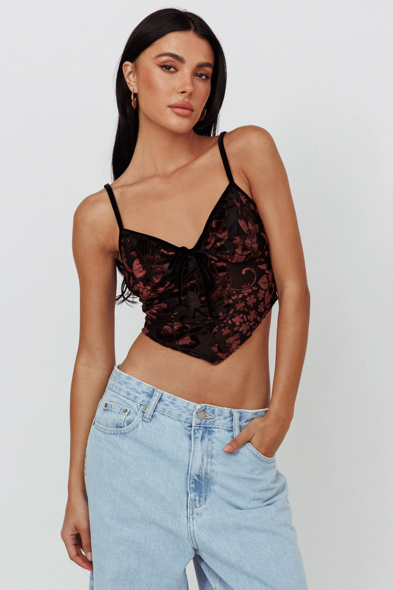 Caught Feelings Floral Velour Crop Top Black/Brown
