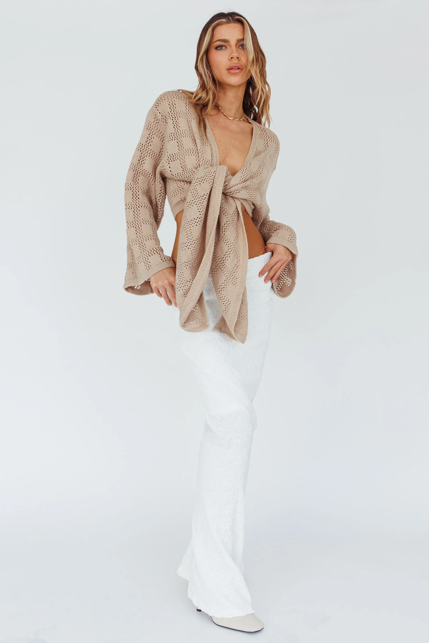 Rivera Deep-V Waist-Tie Top Crochet Sand