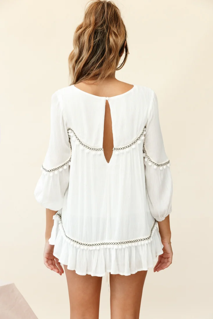 Marionette Three-Quarter Sleeve Pom-Pom Top White
