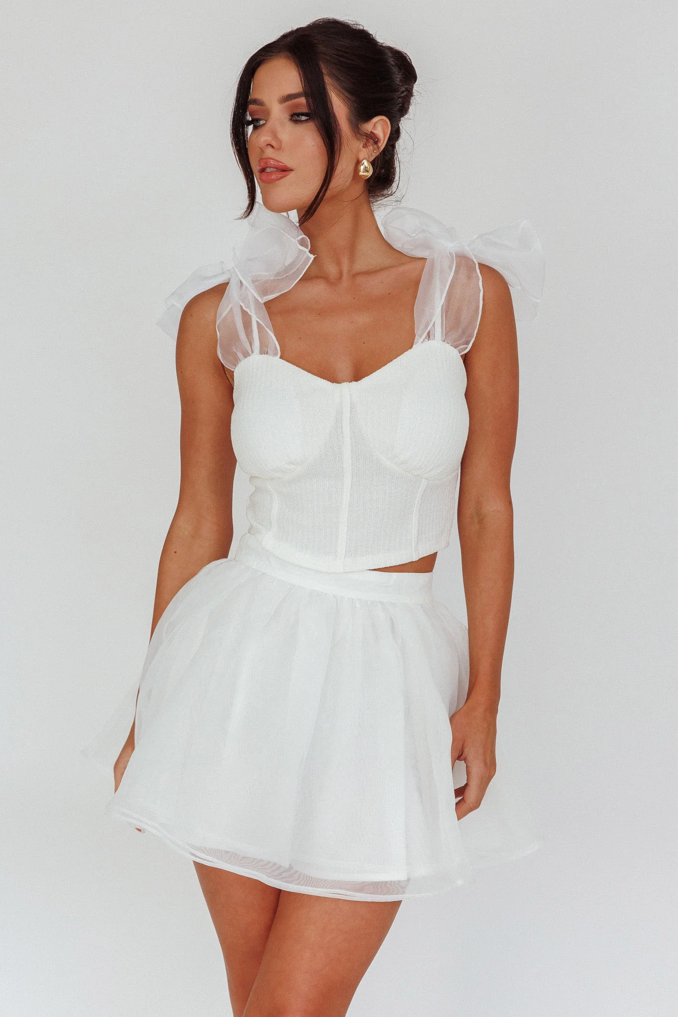 High Class Bow Shoulder Crop Top White