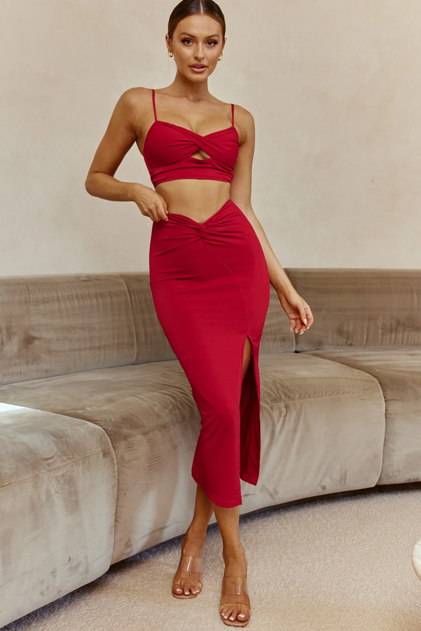 One Night Only Twist Bust Cami Strap Crop Top Wine