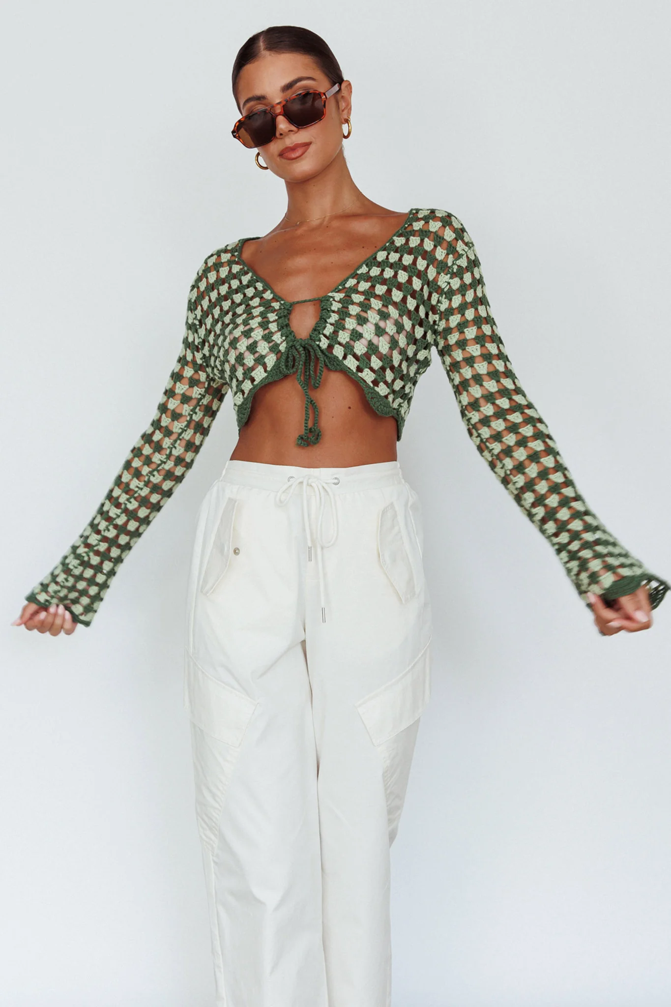 Maycie Long Sleeve Crochet Crop Top Green Multi