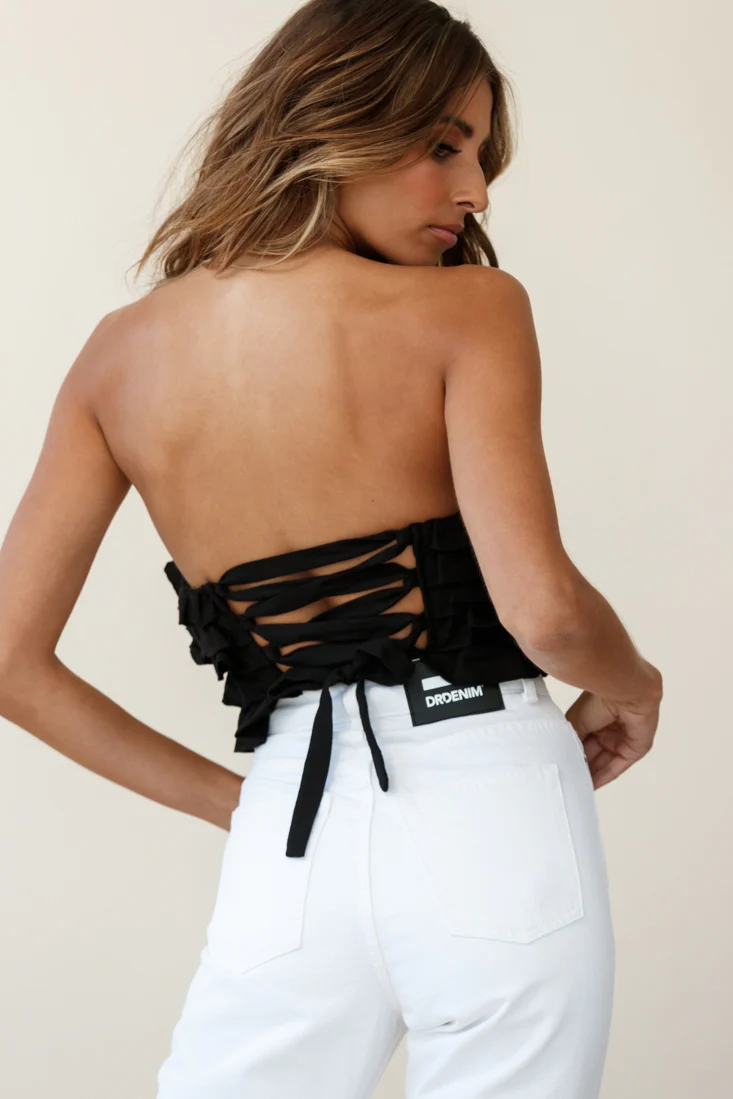 Talulah Layered Ruffle Lace-Up Back Crop Top Black