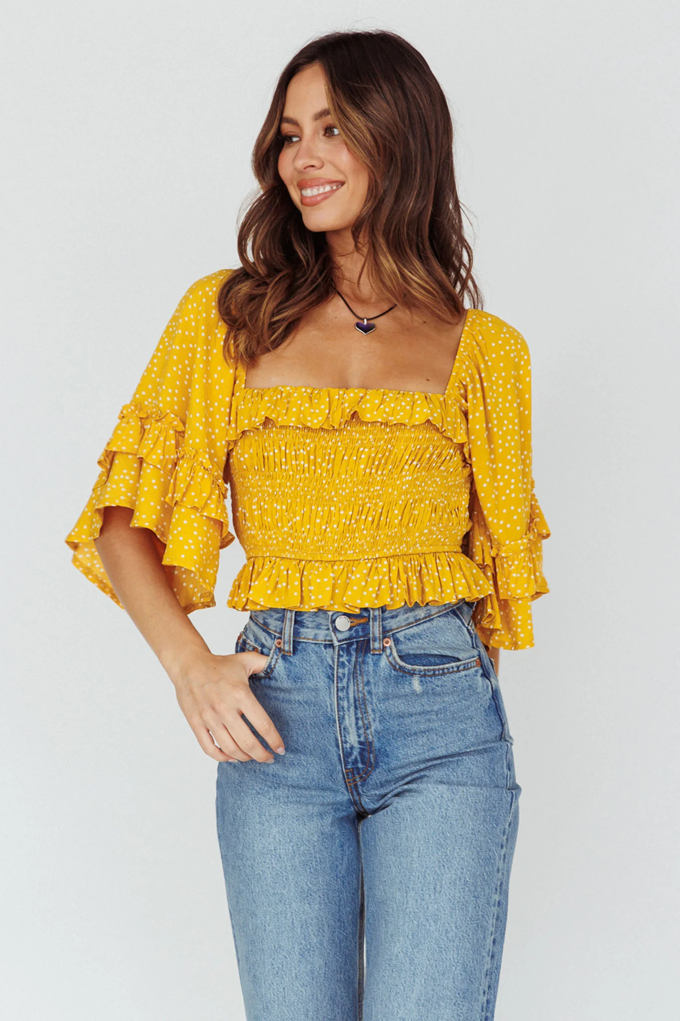 Boardwalk Bell Sleeve Crop Top Spotty Mustard